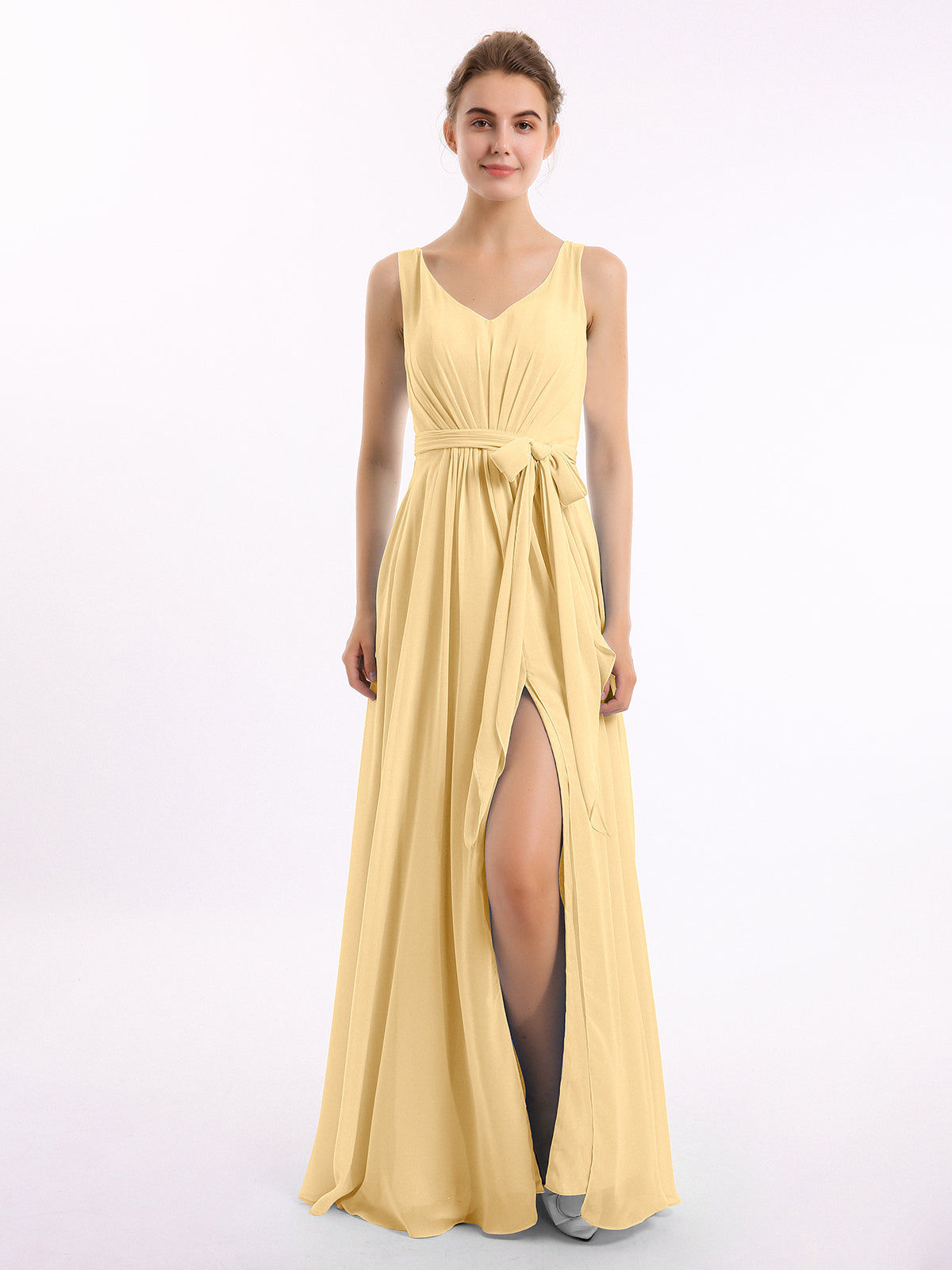 BABARONI V Neck Chiffon Bow Sash Gowns with Split Gold Plus size, Gold / US18
