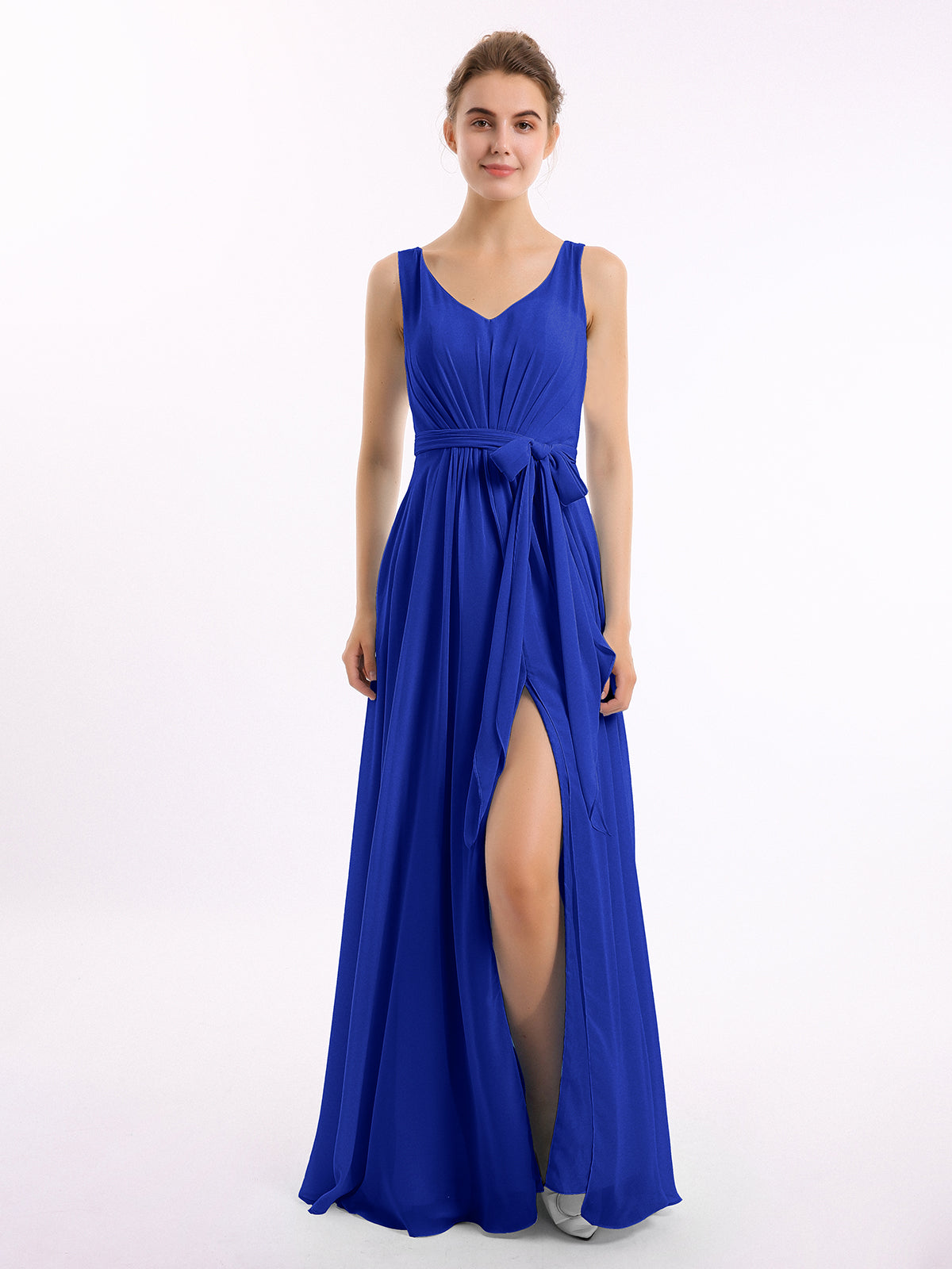 BABARONI V Neck Chiffon Bow Sash Gowns with Split Royal Blue, Royal Blue / US0