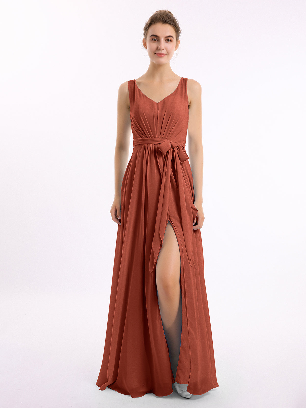 BABARONI V Neck Chiffon Bow Sash Gowns with Split Rust Plus size, Rust / US18 BABARONI V Neck Chiffon Bow Sash Gowns with Split Rust Plus size, Rust / US18