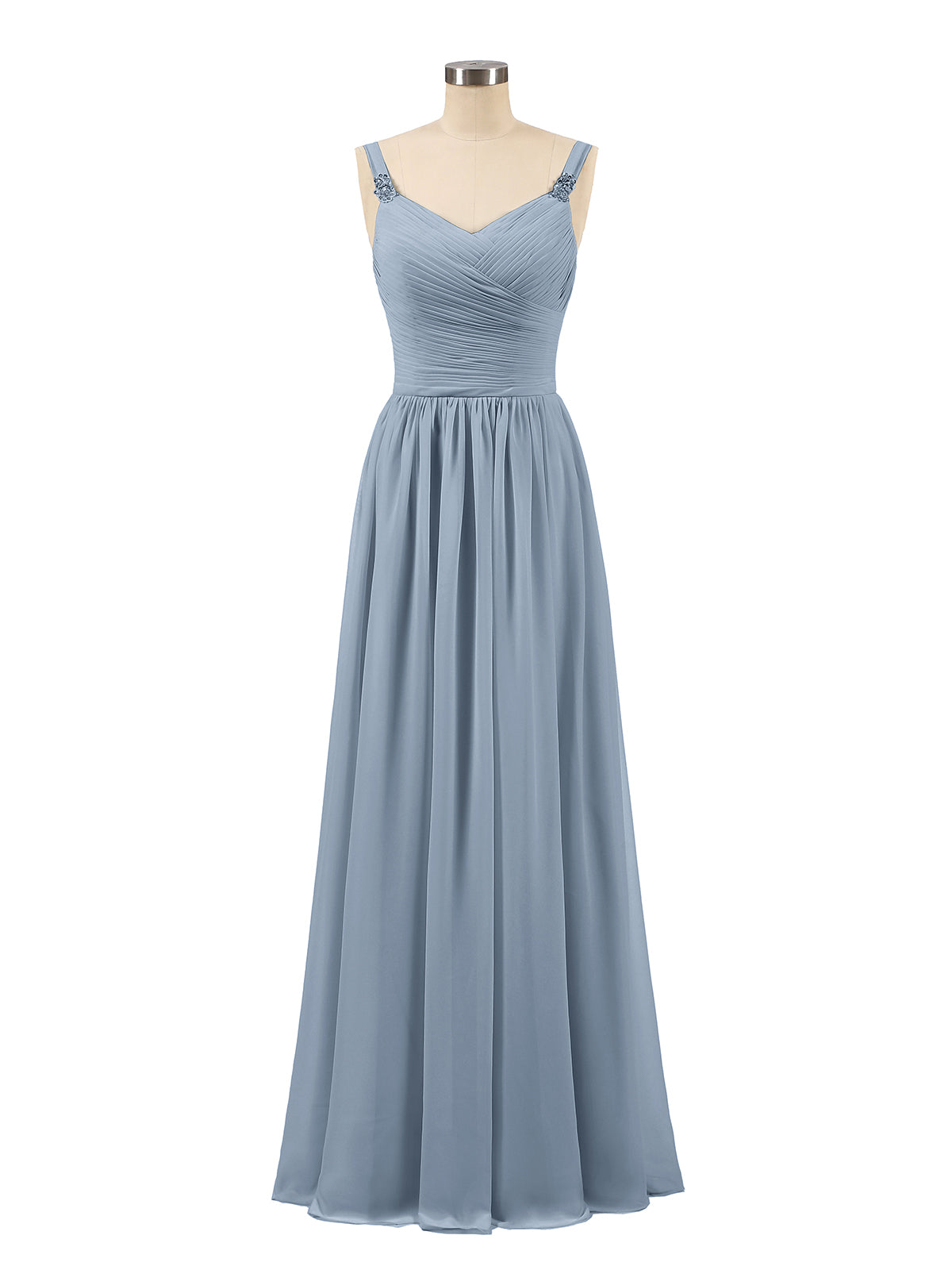 Pleated Chiffon Bodice Long Gown with Straps Dusty Blue Plus Size ...