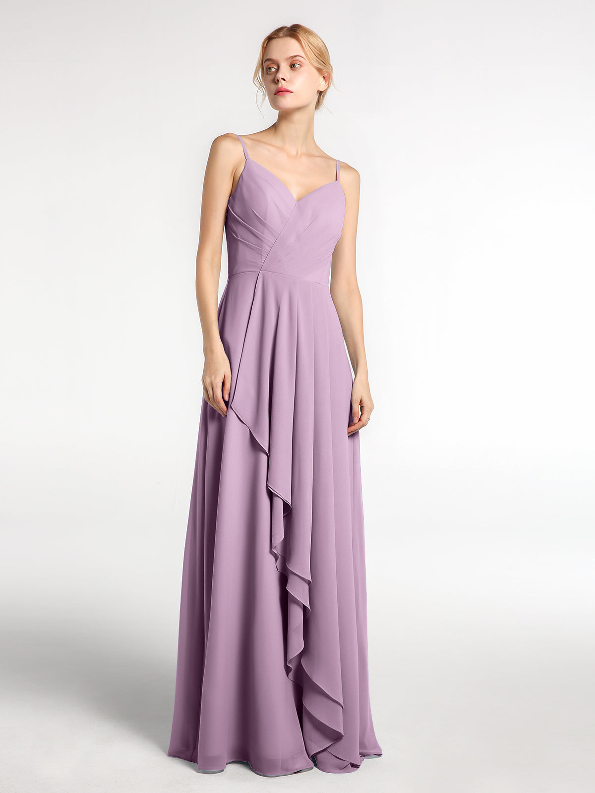 Spaghetti Straps V-neck Ruched Chiffon Dress Wisteria