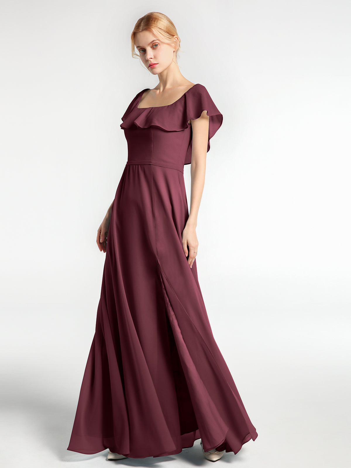 Sweethart Neck Long Chiffon DRESS WITH Slit Cabernet Plus Size