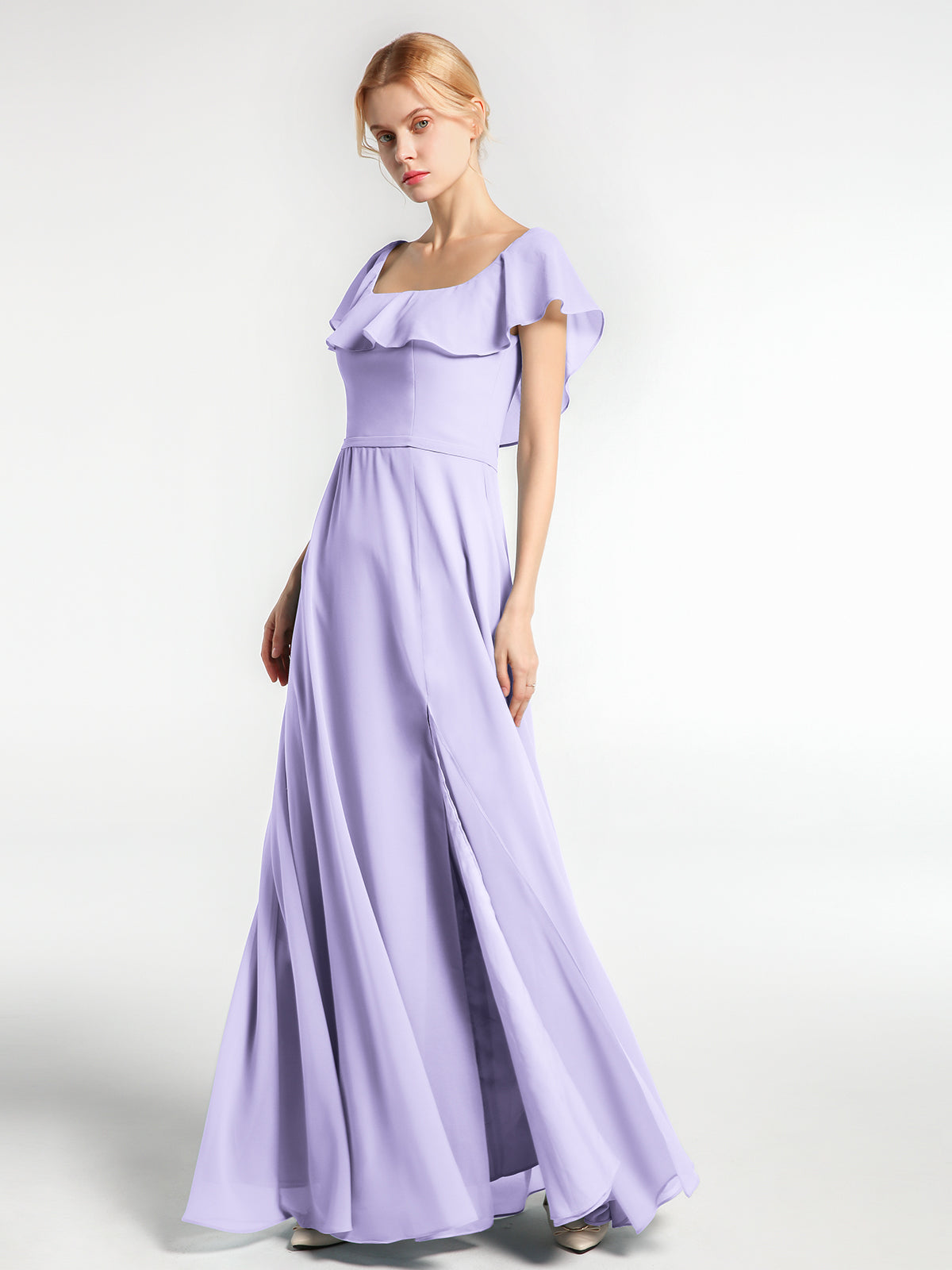 BABARONI Square Neck Long Chiffon Dress with Front Slit Lilac Plus size, Lilac / US18