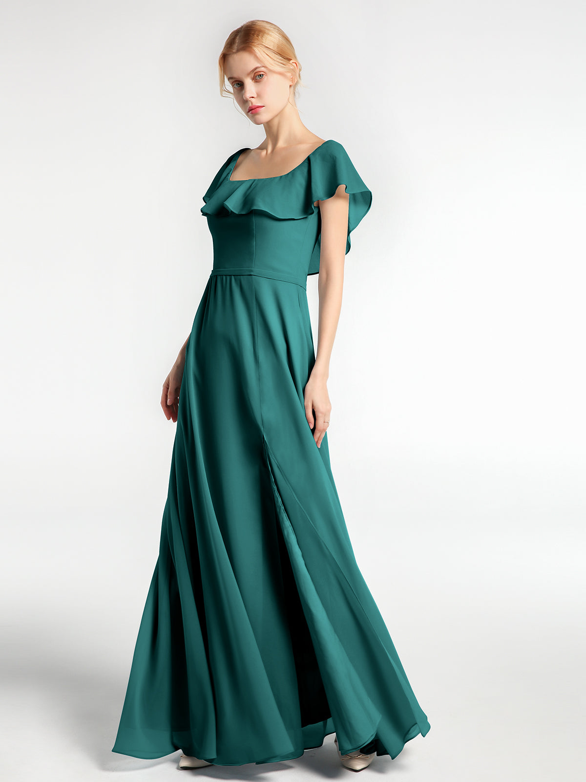 BABARONI Square Neck Long Chiffon Dress with Front Slit Peacock Plus size, Peacock / US18