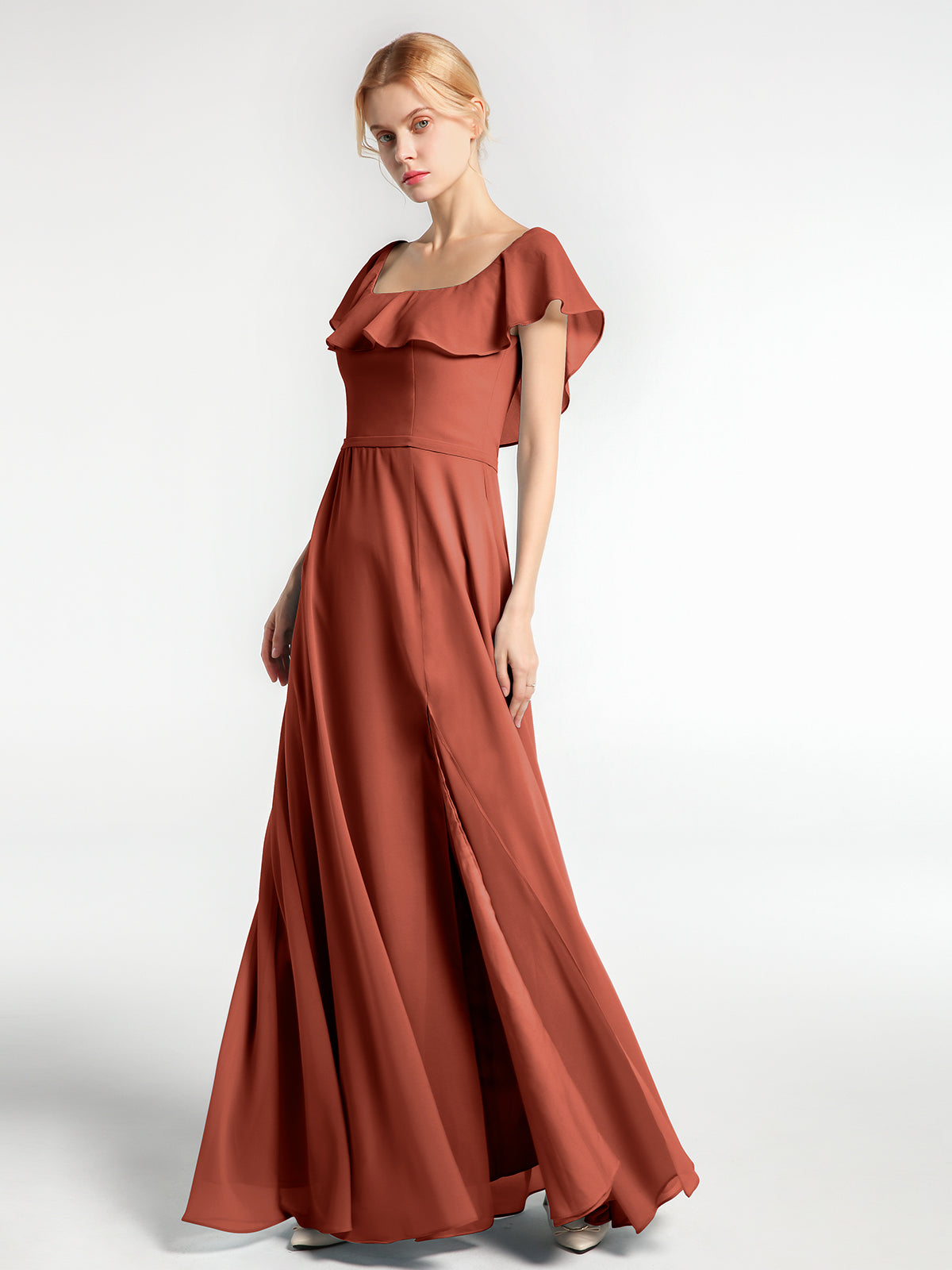 Sweethart Neck Long Chiffon DRESS WITH Slit Rust Plus Size
