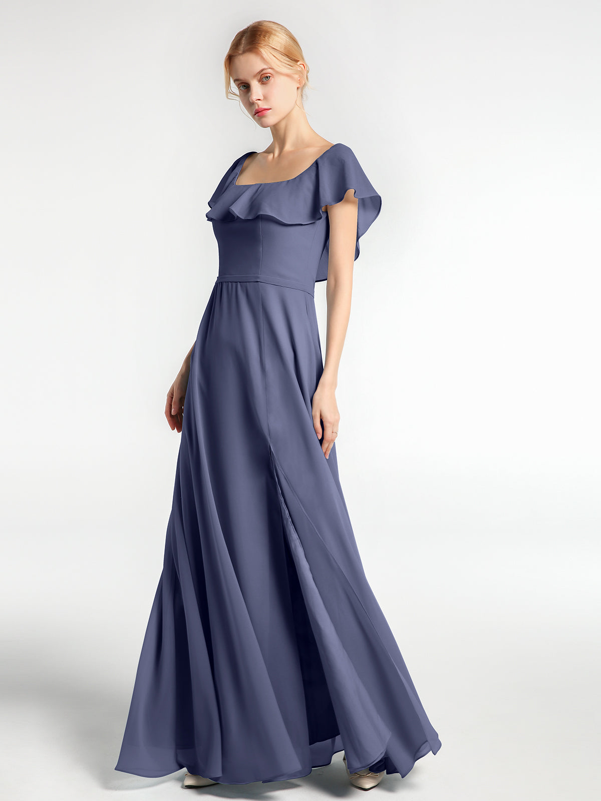 BABARONI Square Neck Long Chiffon Dress with Front Slit Stormy Plus Size, Stormy / US18
