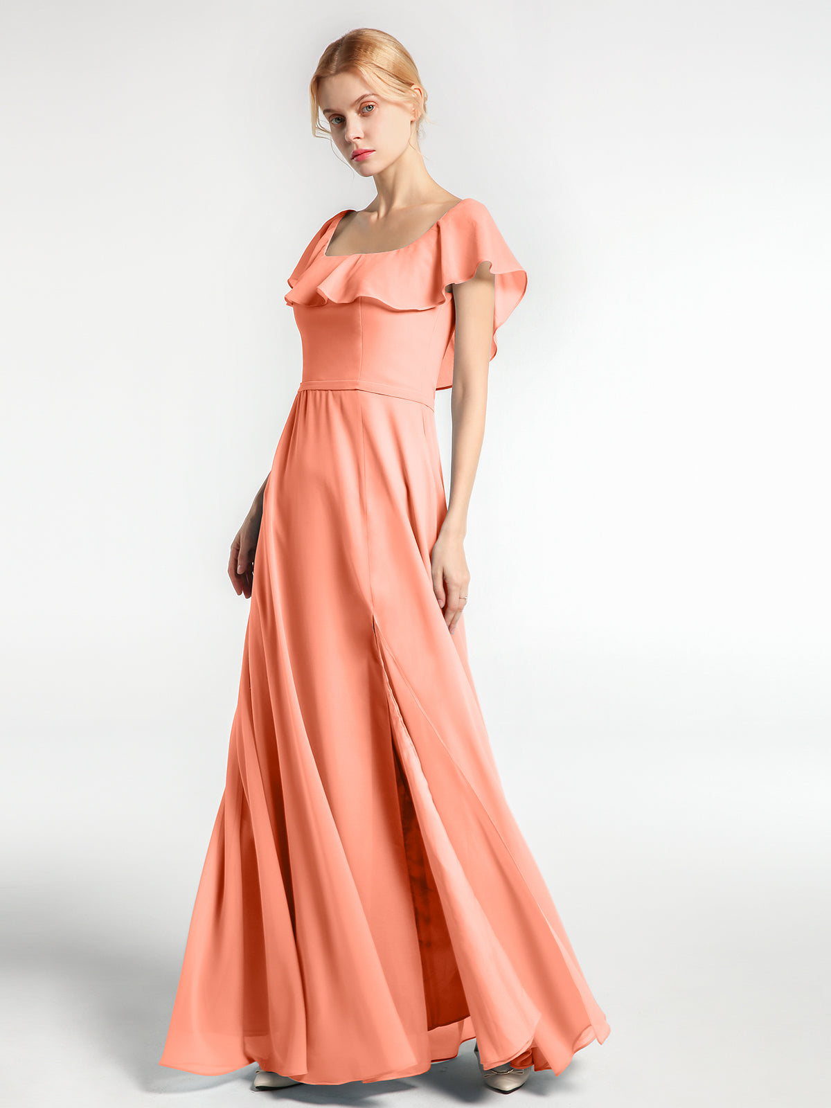 Cute Double Bows Straps Square Neck Chiffon Dresses with Slit Ivory