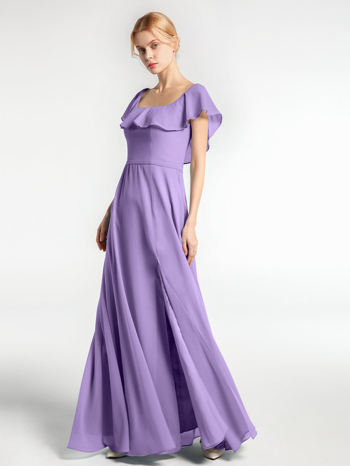 BABARONI Square Neck Long Chiffon Dress with Front Slit Tahiti, Tahiti / US0
