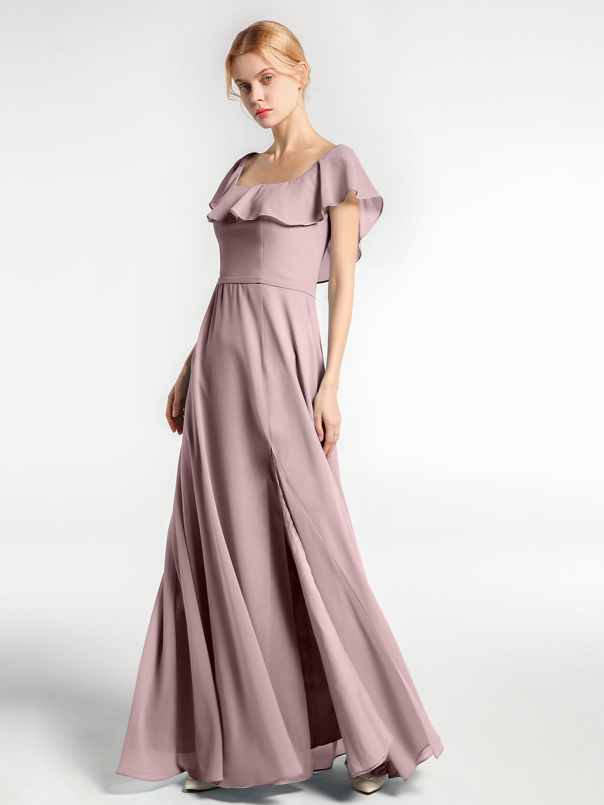 BABARONI Square Neck Long Chiffon Dress with Front Slit Vintage Mauve, Vintage Mauve / US0