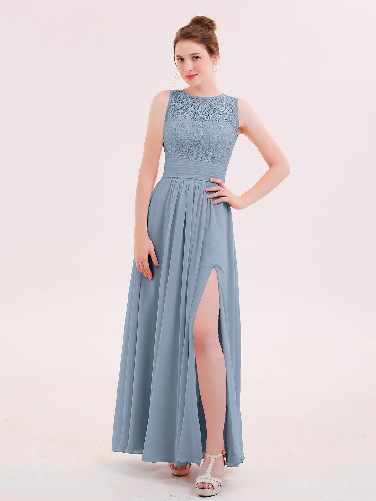 BABARONI Illusion Neck Lace and CHIffon Dress with Slit Dusty Blue, Dusty Blue / US0 BABARONI Illusion Neck Lace and CHIffon Dress with Slit Dusty Blue, Dusty Blue / US0