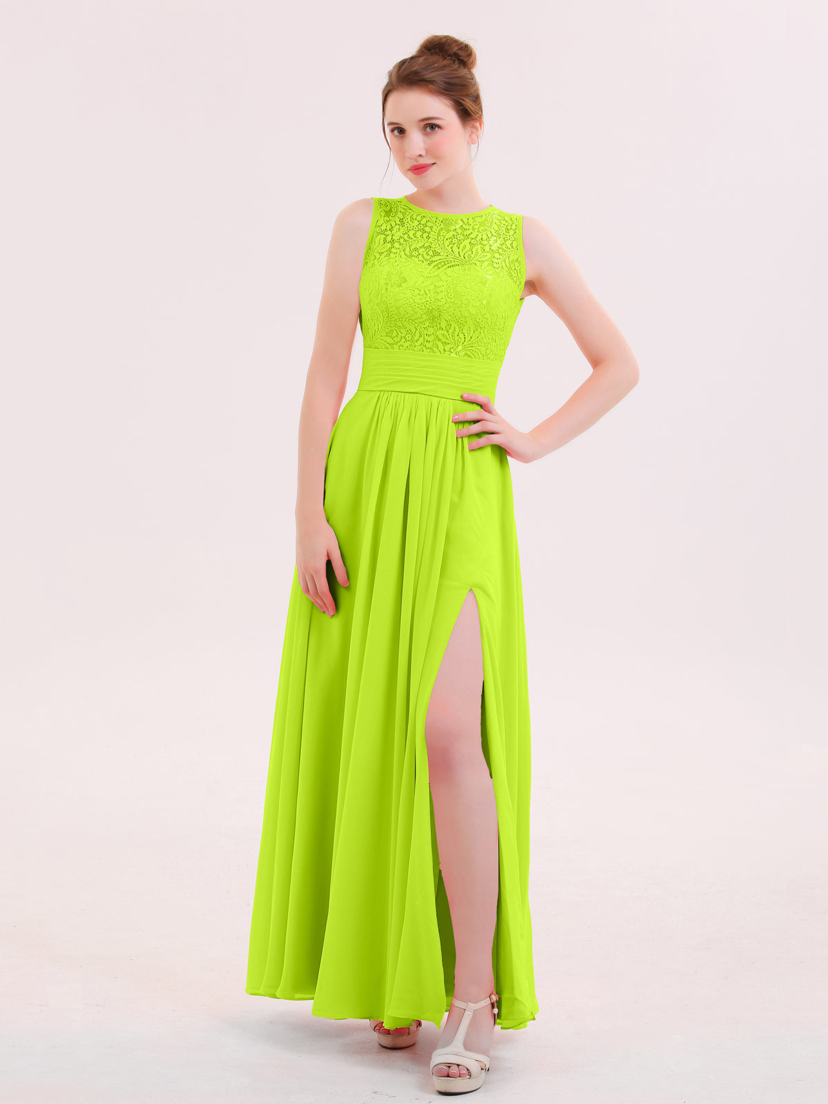 Lace Bodice Chiffon Skirt Long Dresses Lime Green Plus Size