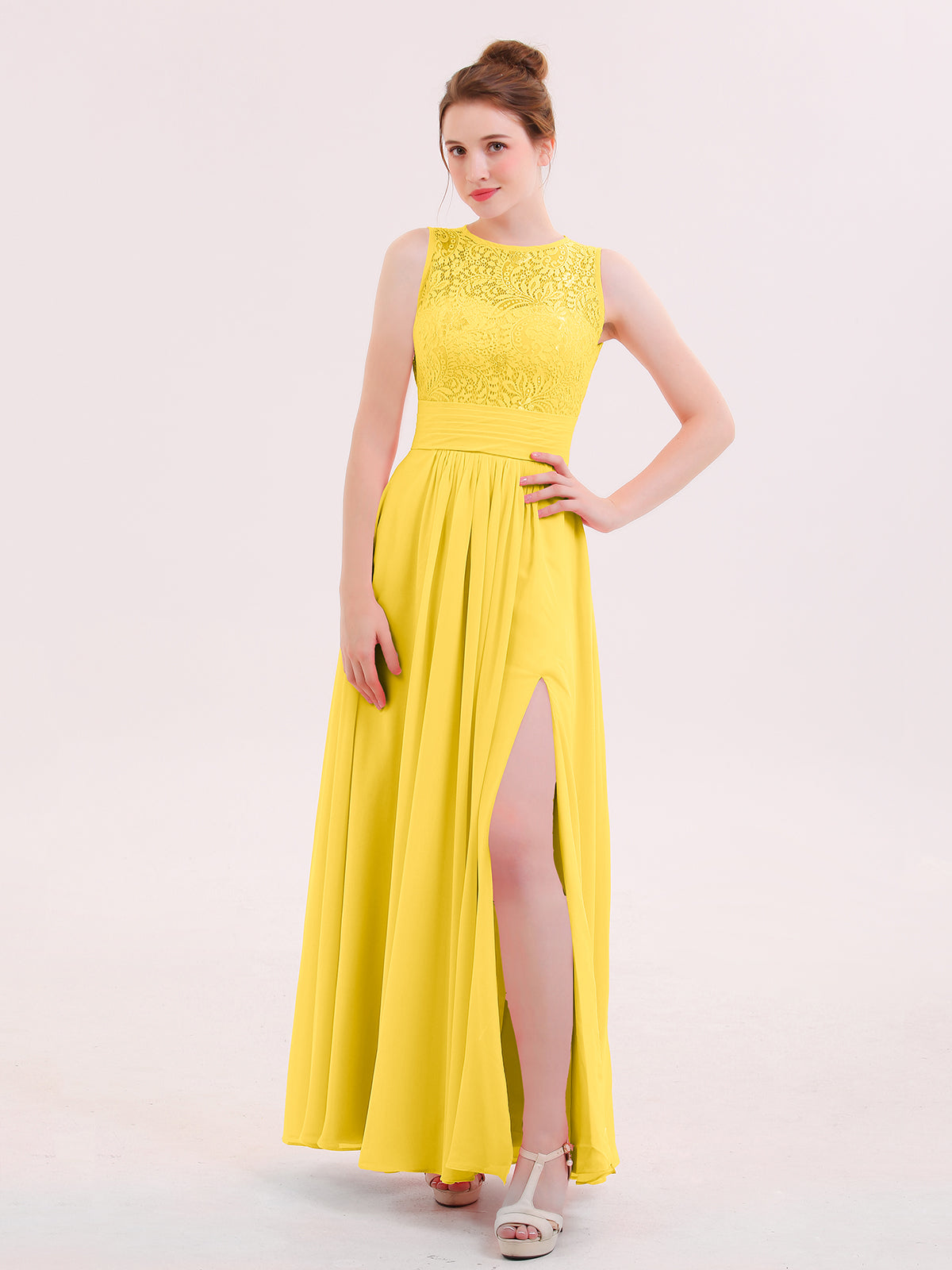 Gold Lace Appliqued Long Chiffon Dresses Marigold Plus Size main image 0