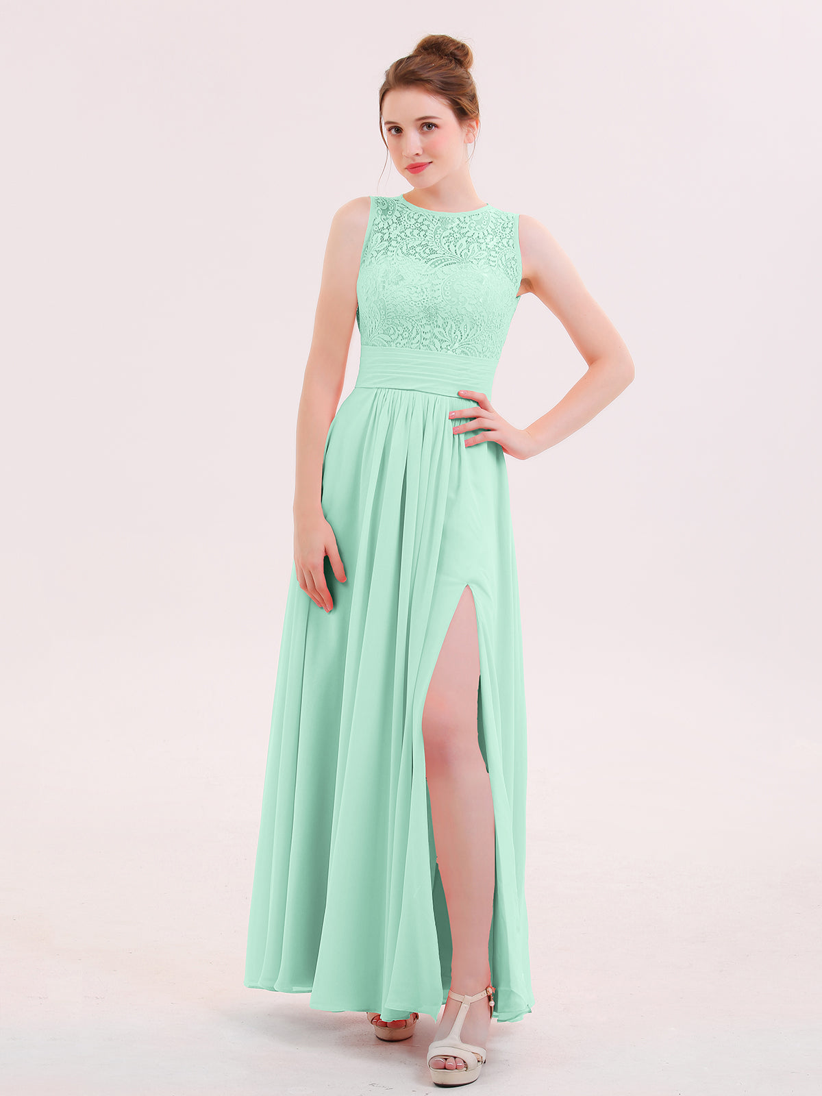 BABARONI Illusion Neck Lace and Chiffon Dress with Slit Mint Green, Mint Green / US0