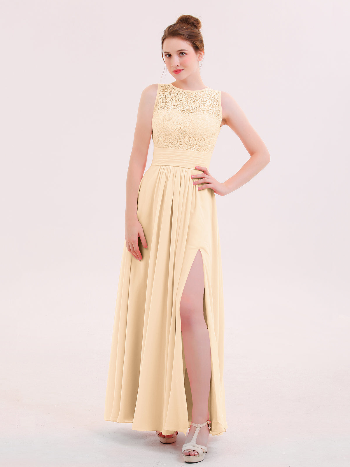 BABARONI Illusion Neck Lace and CHIffon Dress with Slit Peach, Peach / US0