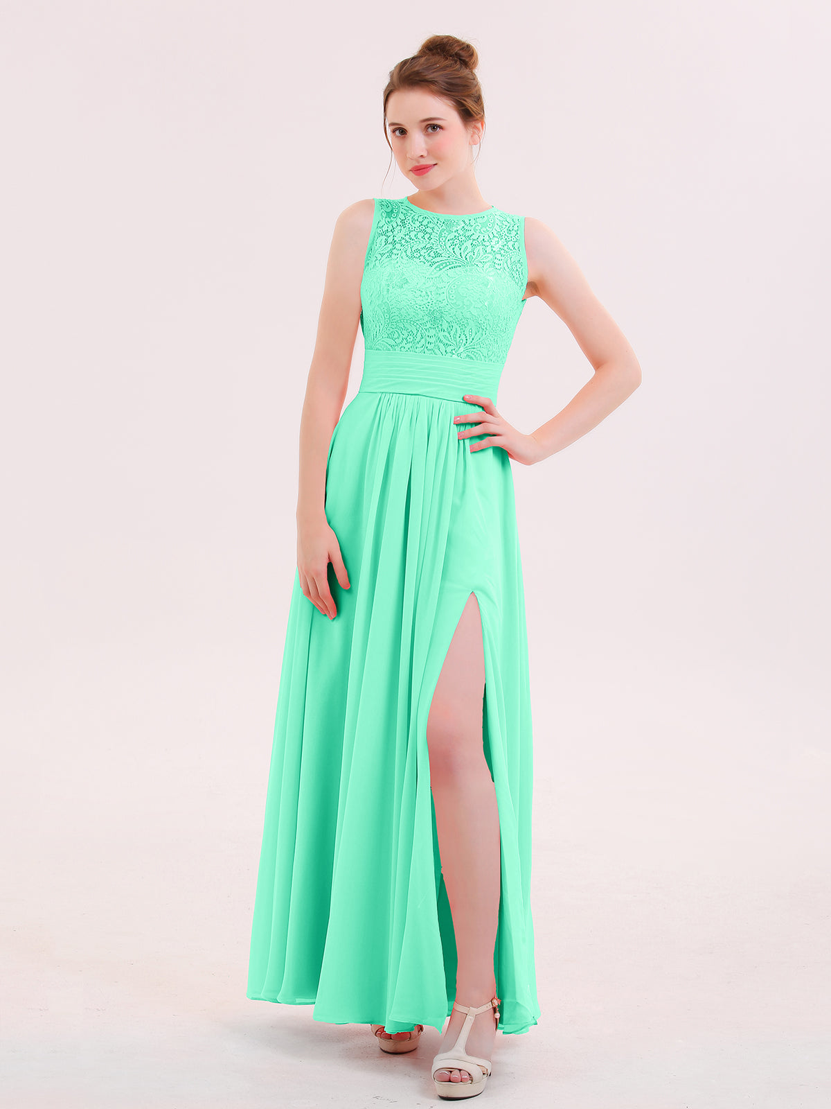 BABARONI Illusion Neck Lace and Chiffon Dress with Slit Turquoise Plus size, Turquoise / US18