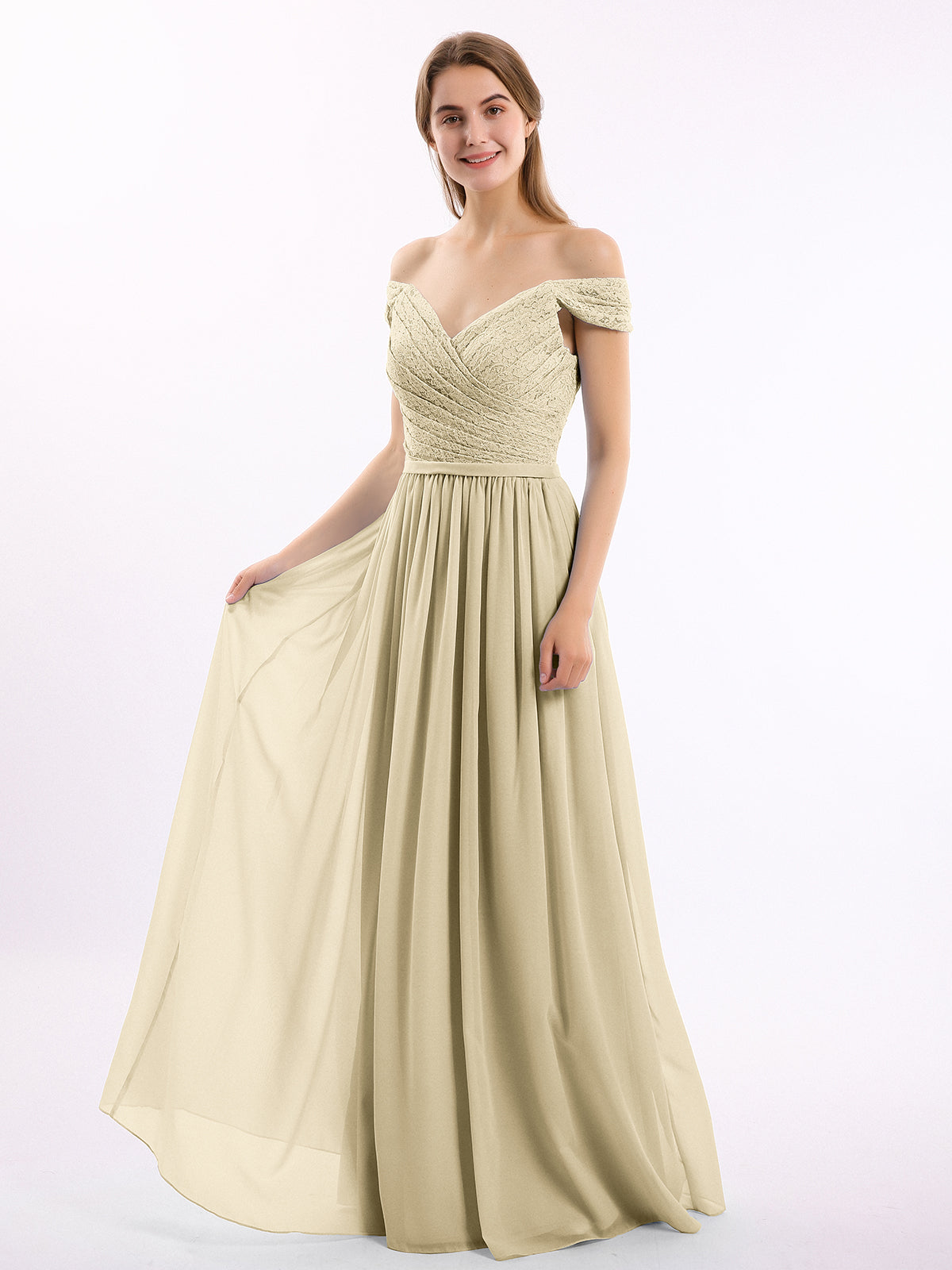 BABARONI Lace Top Chiffon Bottom Dress with Cap Sleeves Champagne, Champagne / US0