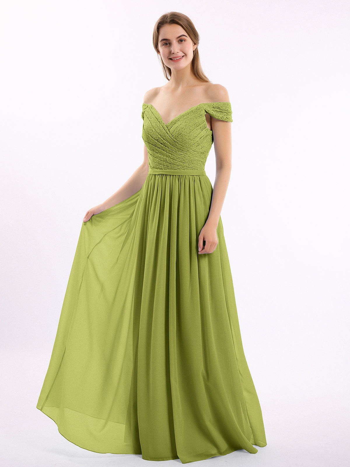 BABARONI Chiffon Clover Bridesmaid Dresses Off-the-shoulder Floor-length Short Belt A-line, Clover / US18