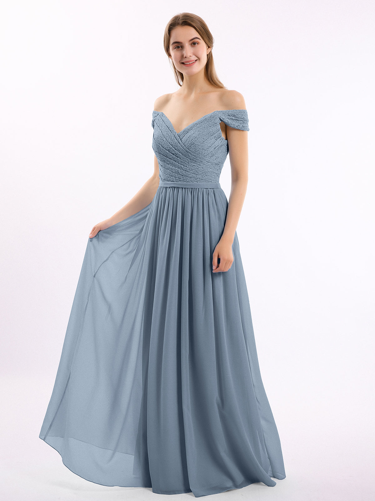 A-Line Chiffon Dress with Illusion Neckline Dusty Blue Plus Size