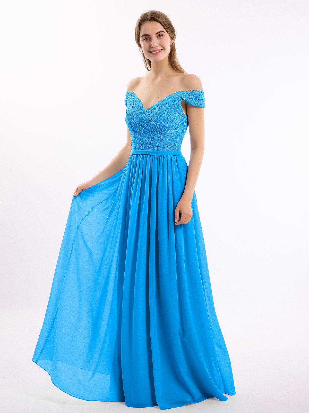 Chiffon and Lace Hlater Long Gowns Ocean Blue