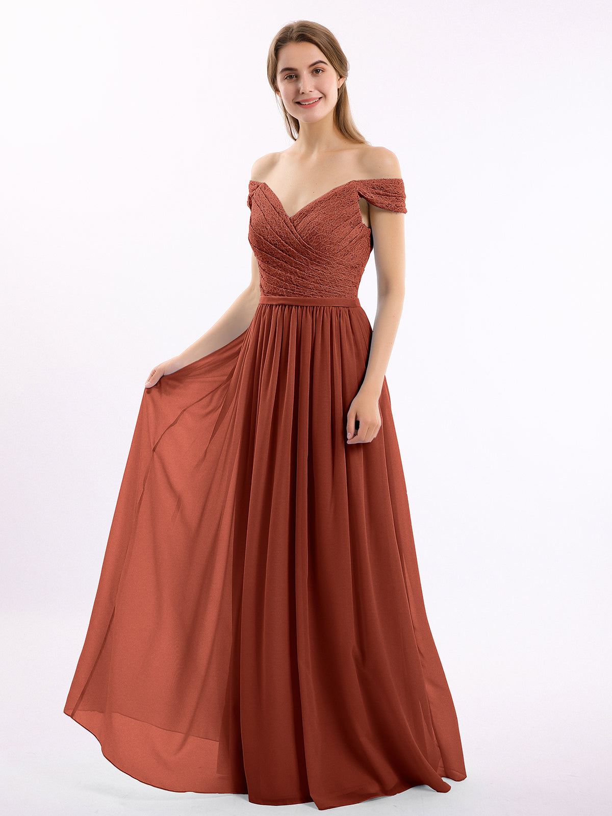 BABARONI Lace Top Chiffon Bottom Dress with Cap Sleeves Rust, Rust / US0