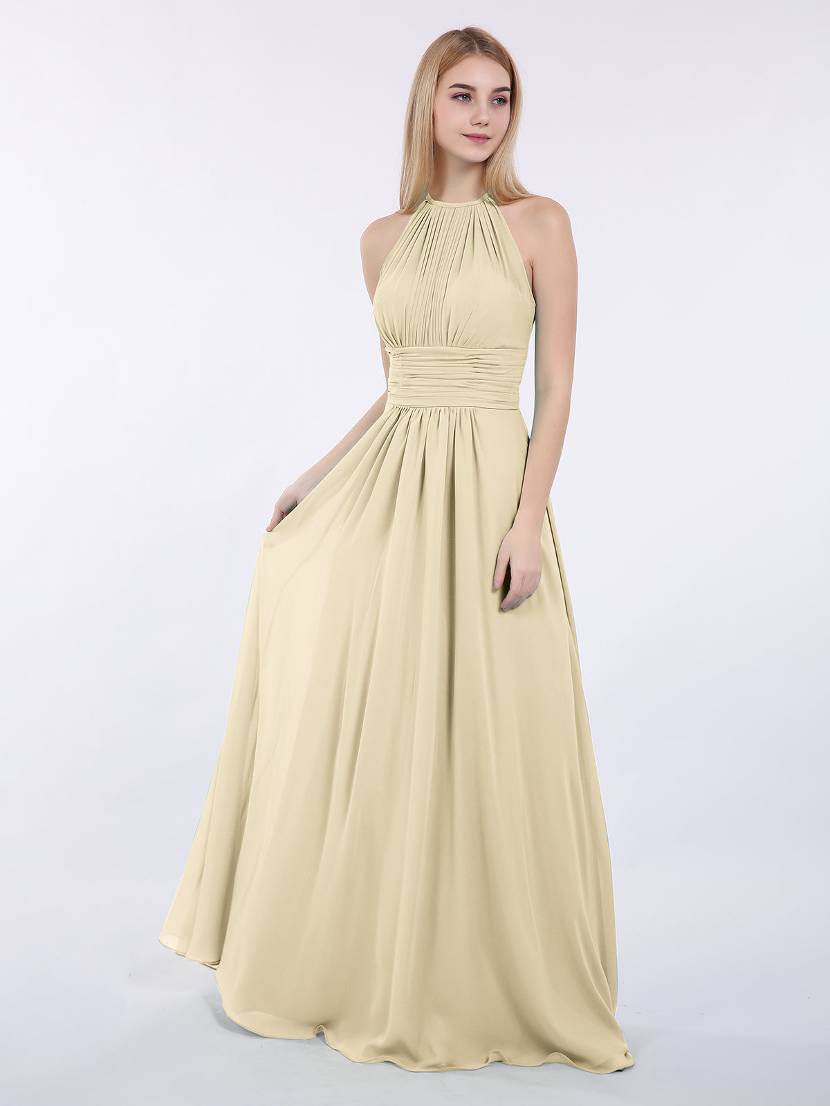 BABARONI Halter Chiffon Maxi Dress of Bridesmaid Champagne, Champagne / US0