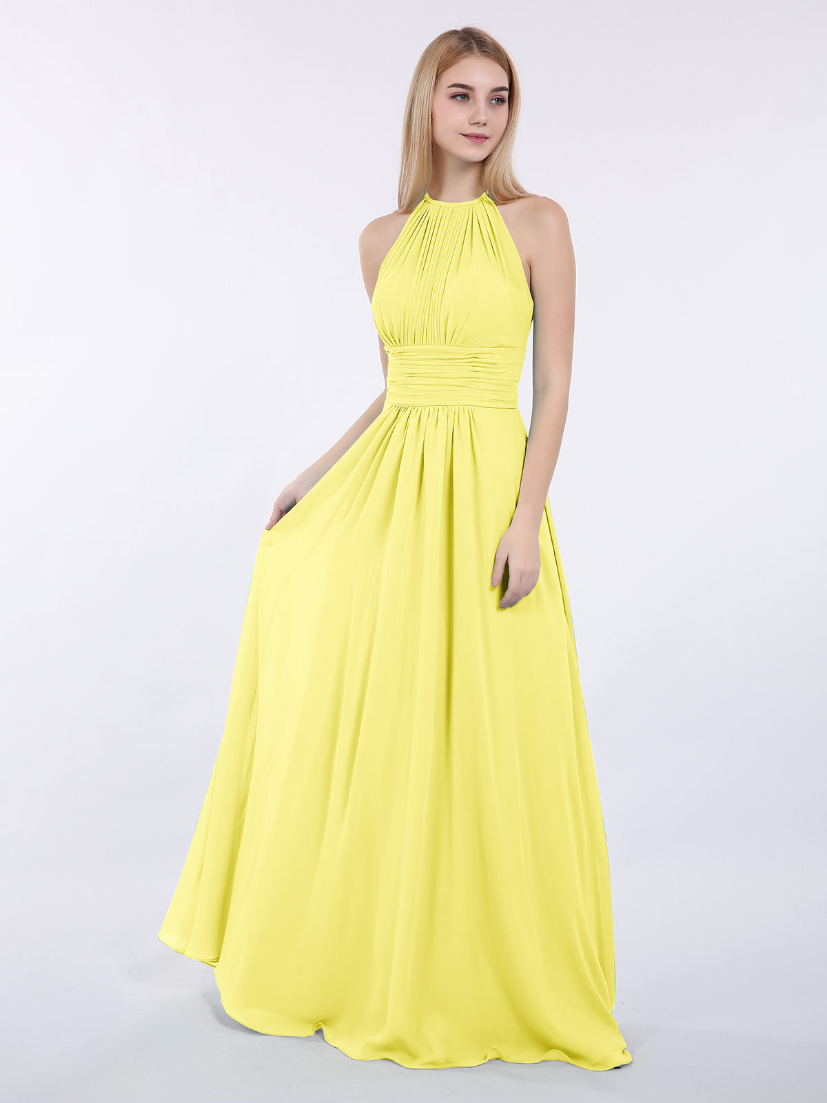 BABARONI Long Halter Chiffon Dresses with Open Back Lemon, Lemon / US0 BABARONI Long Halter Chiffon Dresses with Open Back Lemon, Lemon / US0