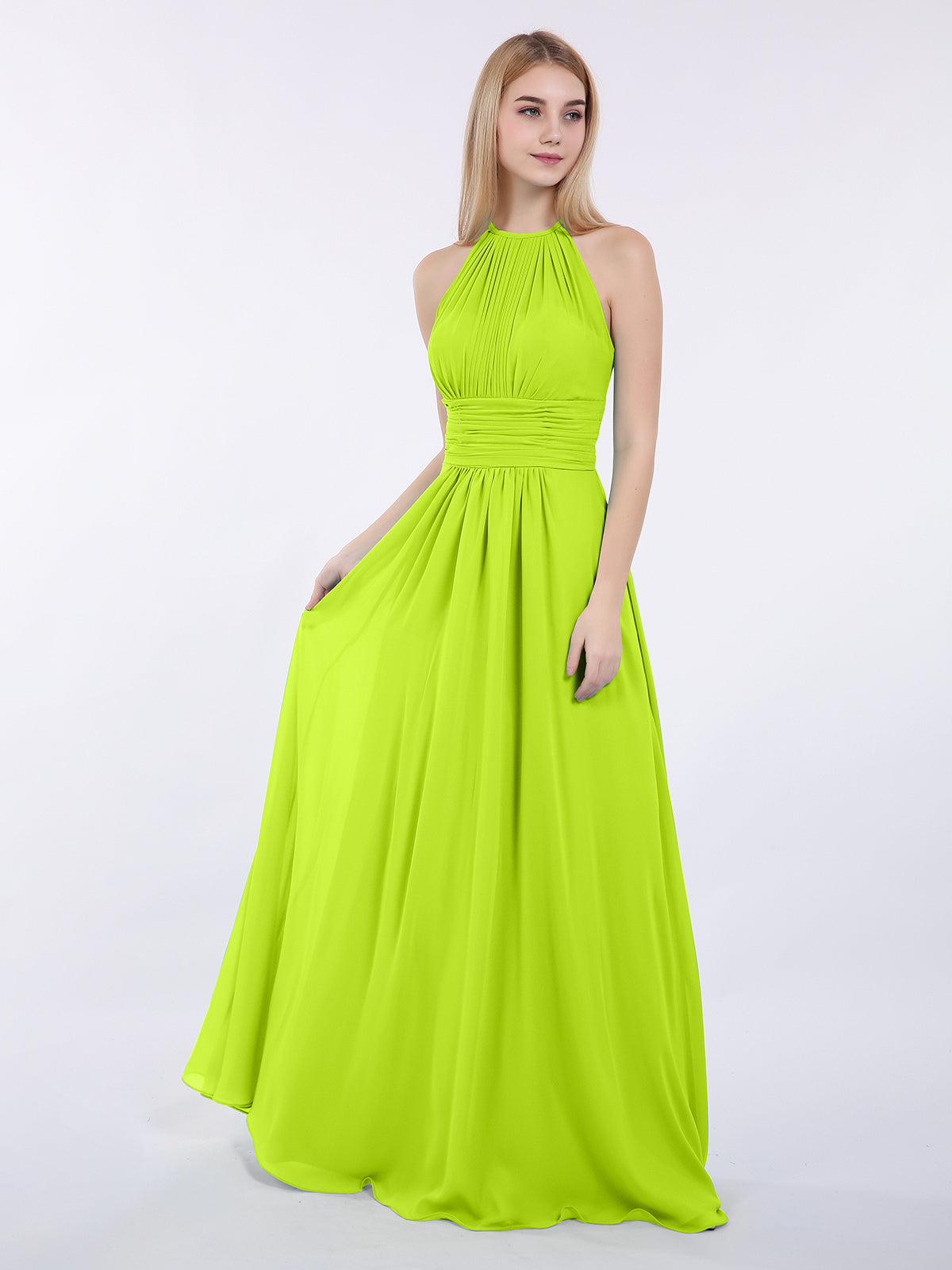 BABARONI Halter Chiffon Maxi Dress of Bridesmaid Lime Green, Lime Green / US0 BABARONI Halter Chiffon Maxi Dress of Bridesmaid Lime Green, Lime Green / US0