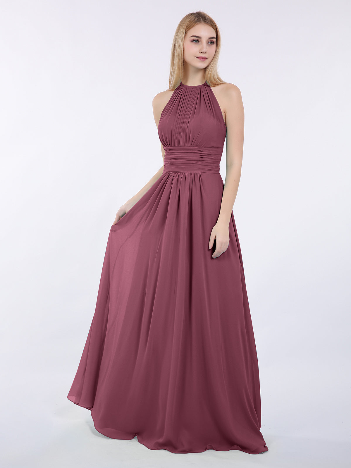 mulberry bridesmaid dresses BABARONI BABARONI Chiffon Mulberry Bridesmaid Dresses Halter Floor-length Sleeveless Ruched A-line, Mulberry / US0