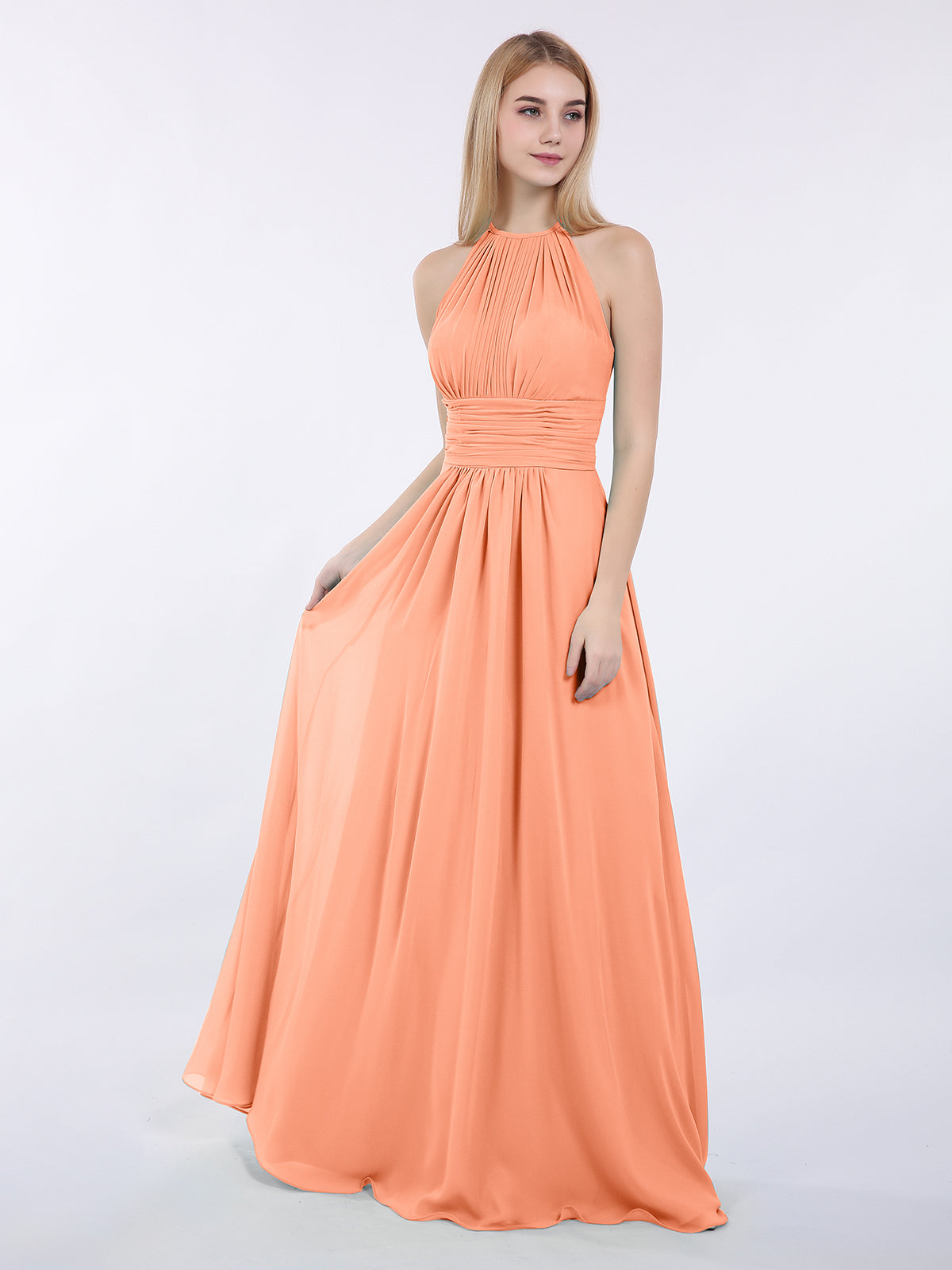 Halter Chiffon Maxi Dress of Bridesmaid Papaya  BABARONI