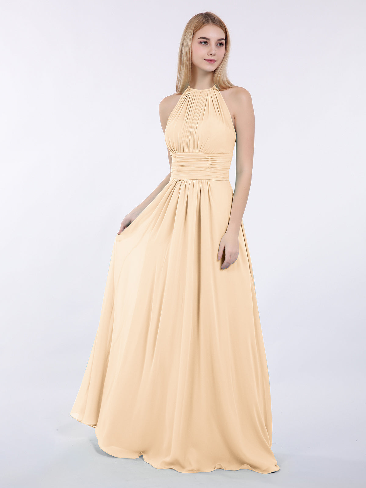 BABARONI Halter Chiffon Maxi Dress of Bridesmaid Peach, Peach / US0 BABARONI Halter Chiffon Maxi Dress of Bridesmaid Peach, Peach / US0