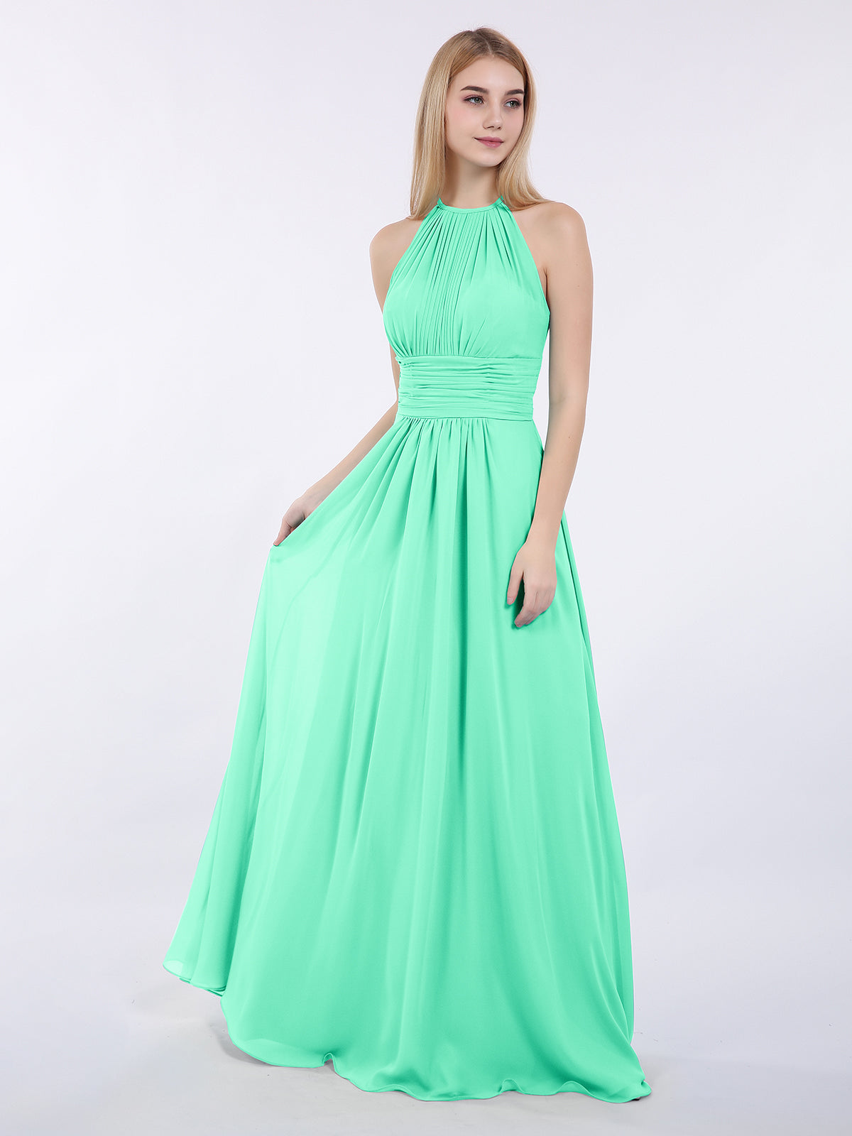 BABARONI Halter Chiffon Maxi Dress of Bridesmaid Turquoise, Turquoise / US0 BABARONI Halter Chiffon Maxi Dress of Bridesmaid Turquoise, Turquoise / US0