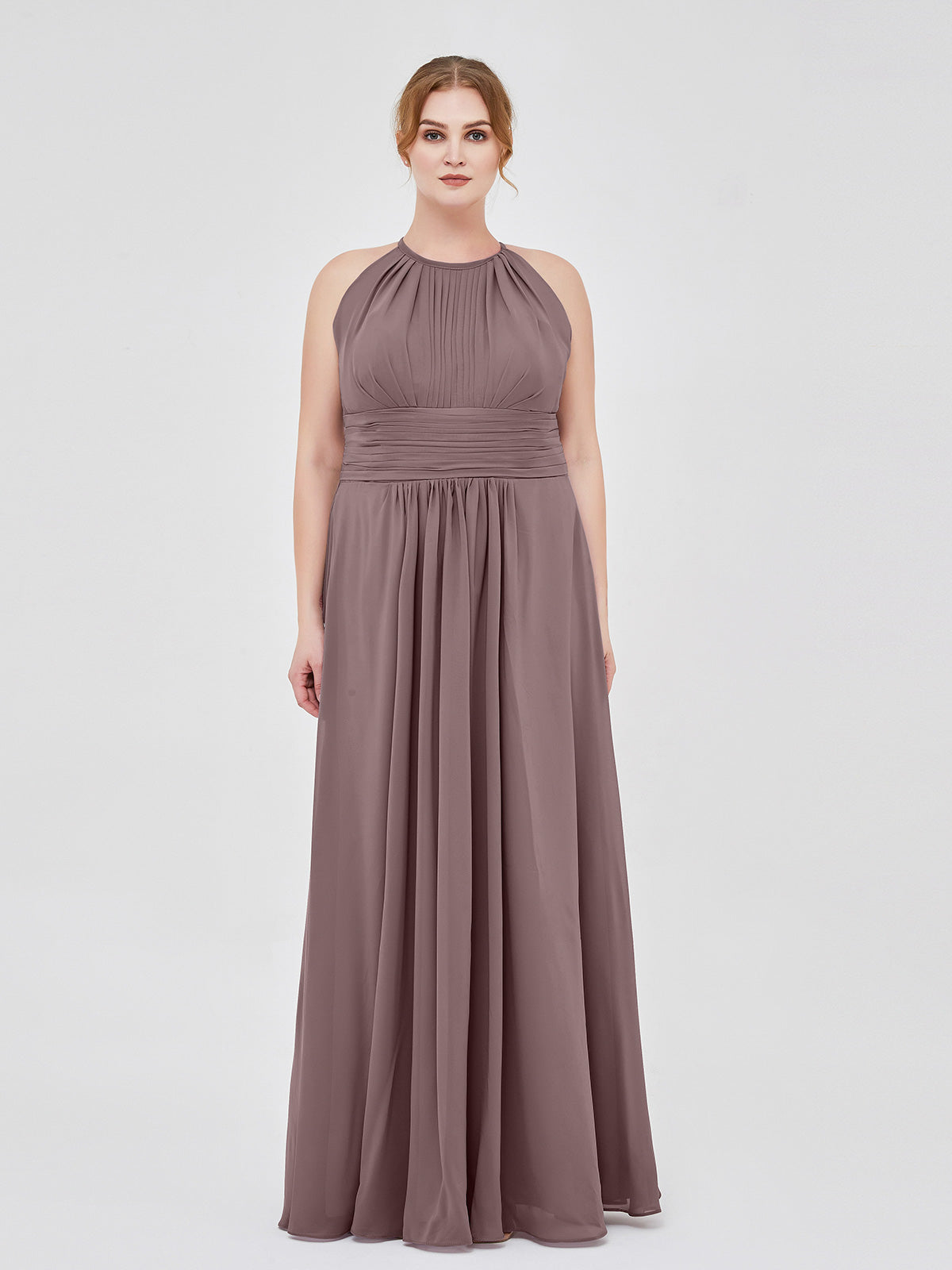 BABARONI Chiffon Vintage Mauve Bridesmaid Dresses Halter Floor-length Sleeveless Ruched A-line BABARONI Chiffon Vintage Mauve Bridesmaid Dresses Halter Floor-length Sleeveless Ruched A-line
