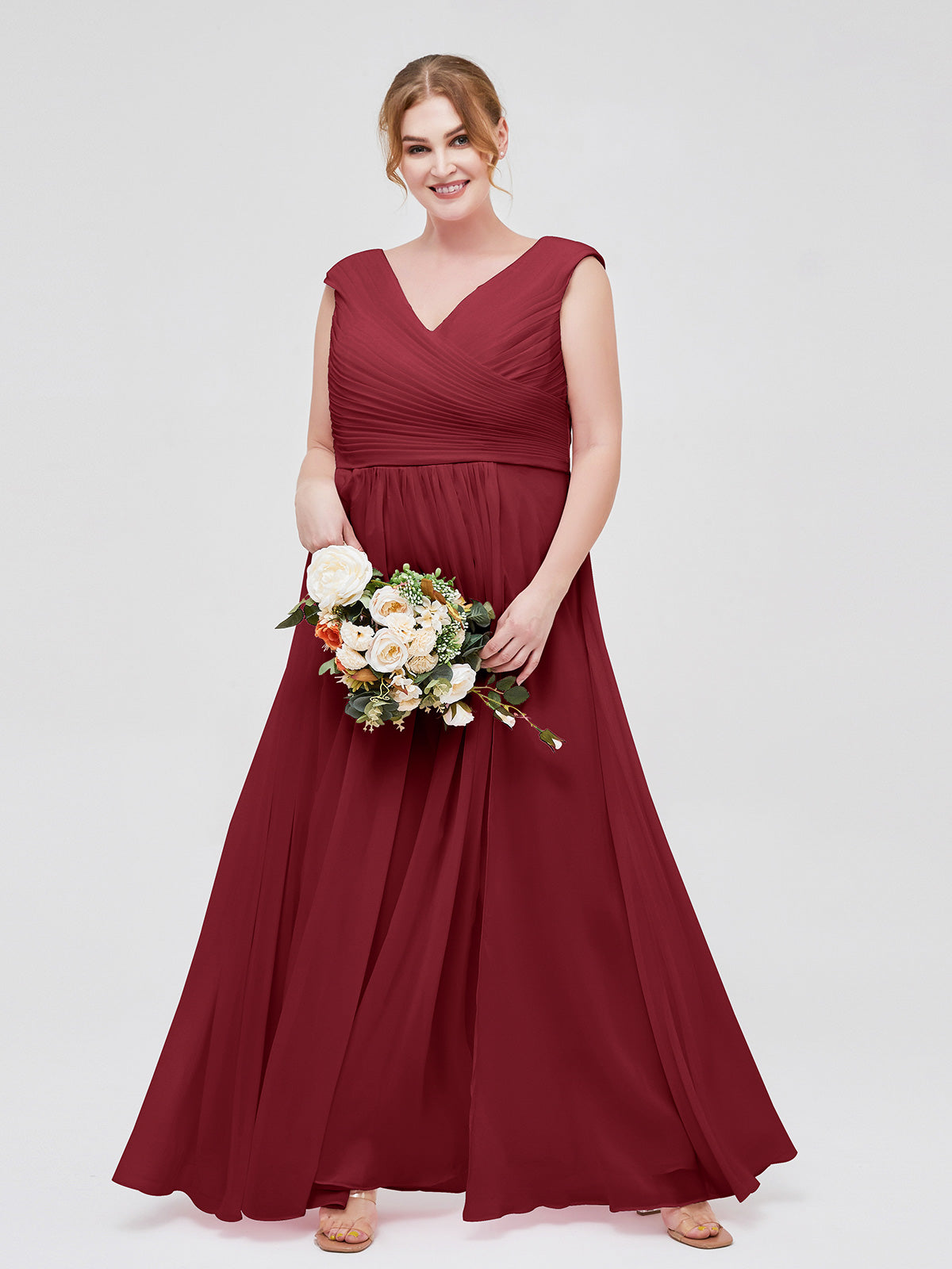BABARONI V Neck Chiffon Gown with Cap Sleeves Burgundy, Burgundy / US0 BABARONI V Neck Chiffon Gown with Cap Sleeves Burgundy, Burgundy / US0