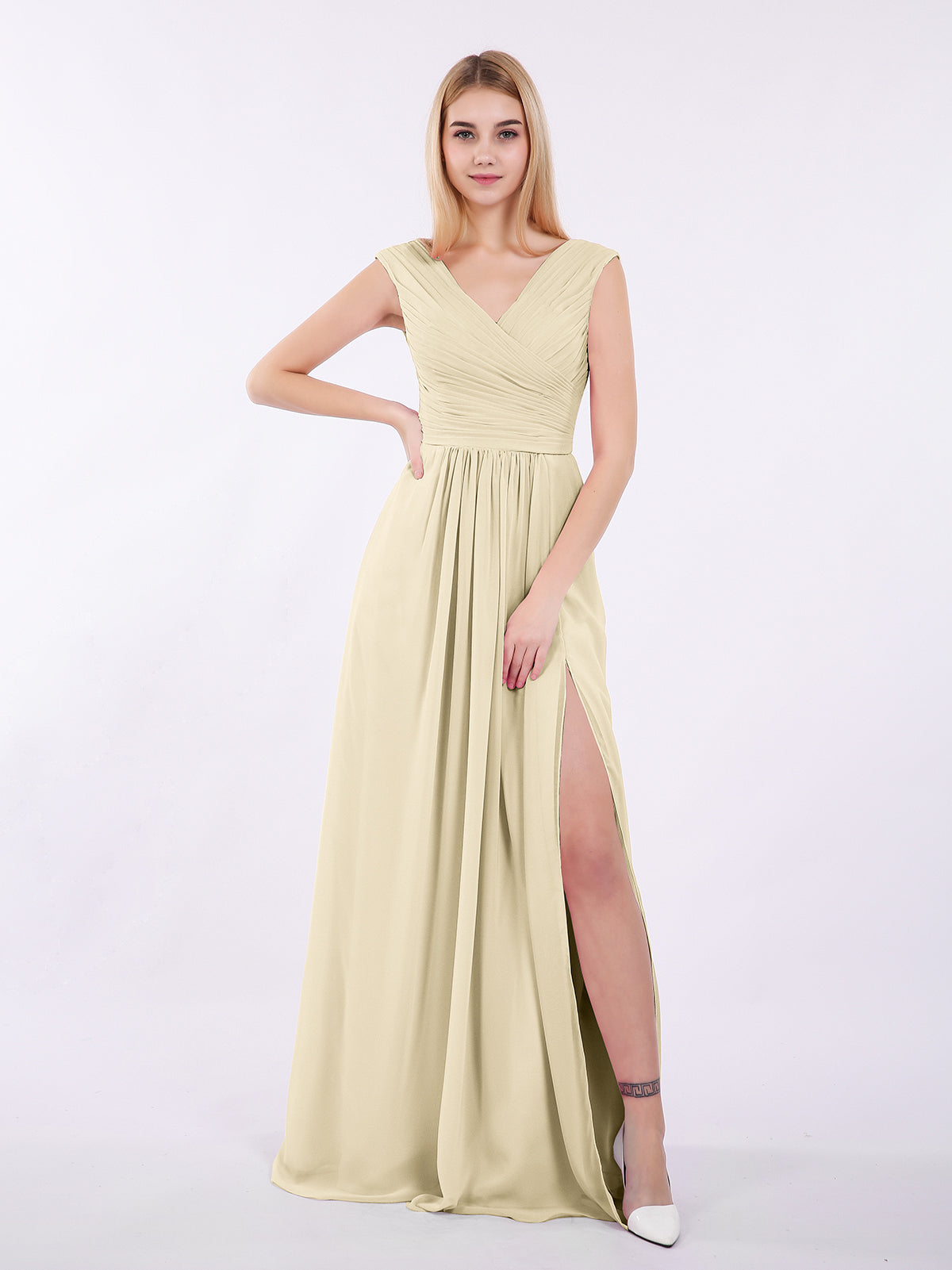 BABARONI V Neck Chiffon Gown with Cap Sleeves Champagne, Champagne / US0
