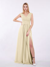 V Neck Chiffon Gown with Cap Sleeves Champagne