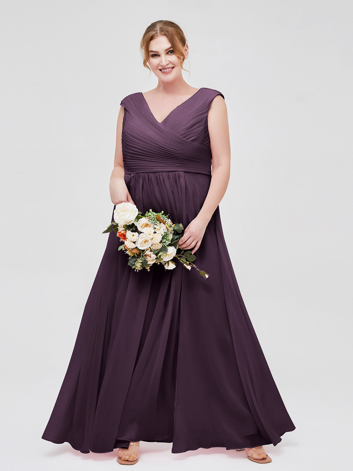BABARONI V Neck Chiffon Gown with Cap Sleeves Plum, Plum / US0