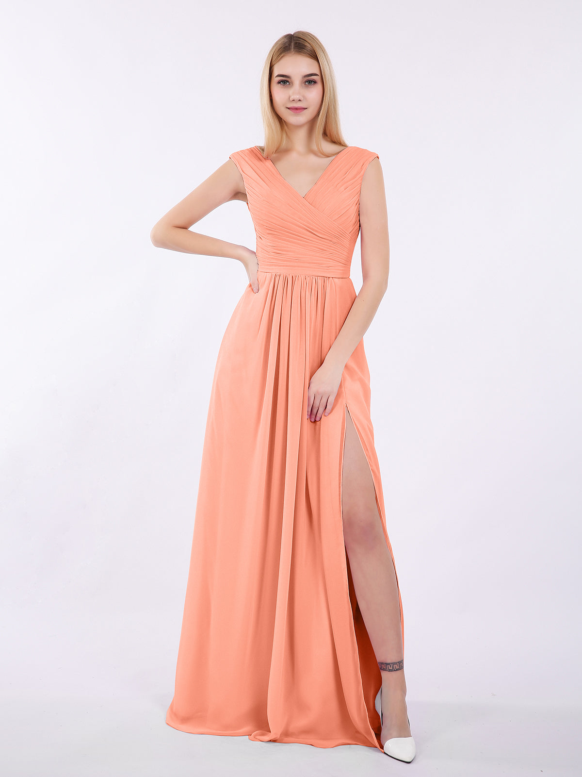 BABARONI Chiffon Sunset Bridesmaid Dresses V-neck Floor-length Sleeveless Ruched A-line, Sunset / US0