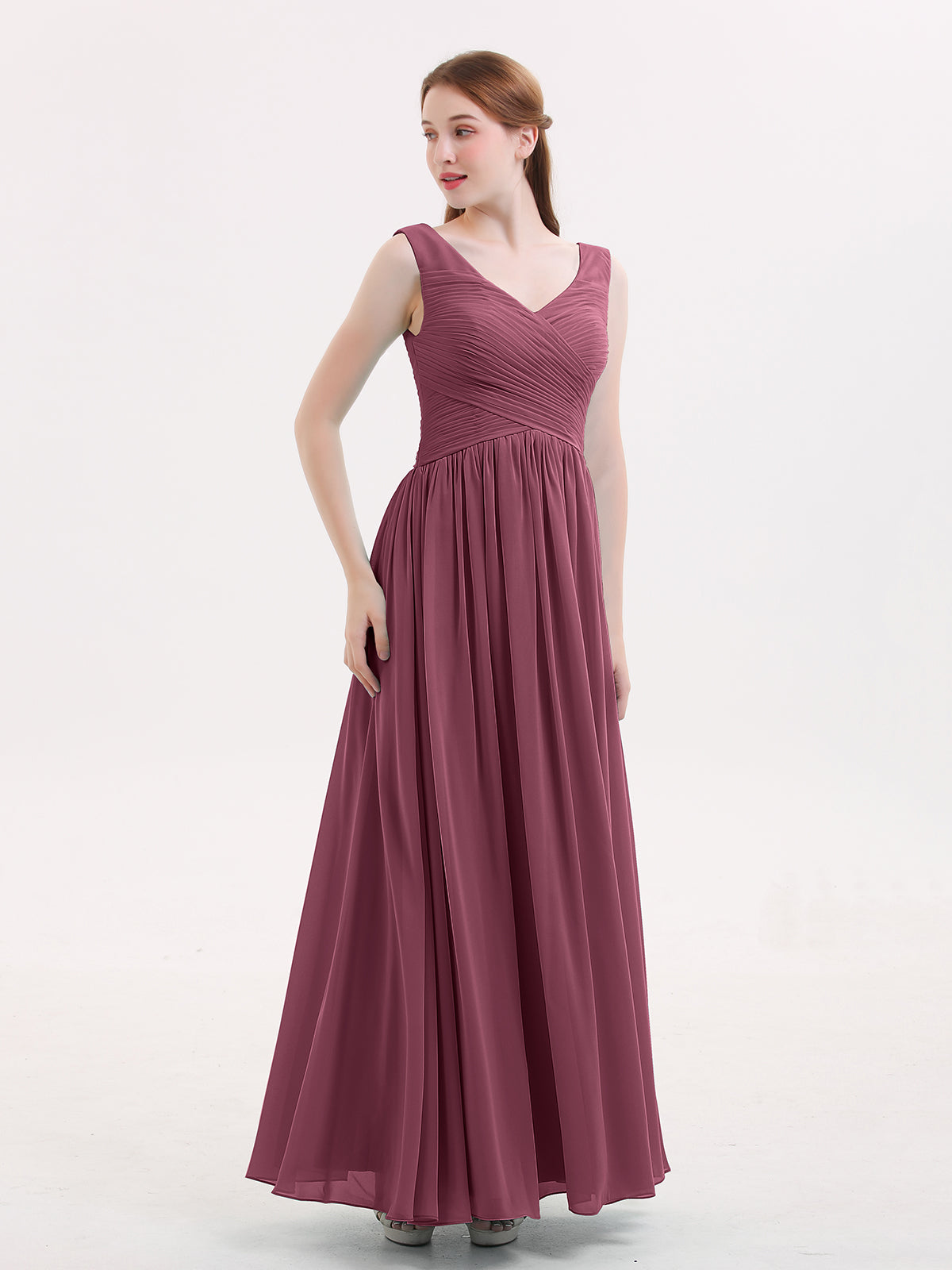 easter bridesmaid dresses BABARONI Chiffon Mulberry V-neck Floor-length Sleeveless Ruched Empire, Mulberry / US0 Waist 26.5(67cm) YGroup_colourway-nahanee Sequin Hello Kitty® Party Color:Sweet Sakura Lilac