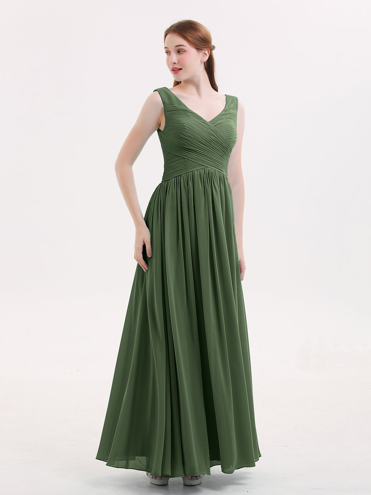 BABARONI V Neck Maxi Chiffon Dresses with Ziper Back Olive Green, Olive Green / US0 BABARONI V Neck Maxi Chiffon Dresses with Ziper Back Olive Green, Olive Green / US0