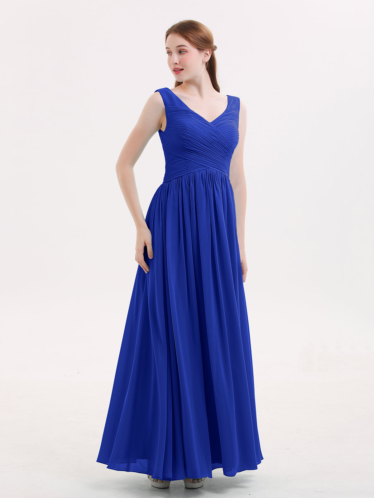 Long Chiffon Dress with V Neck X Cross Open Back Royal Blue