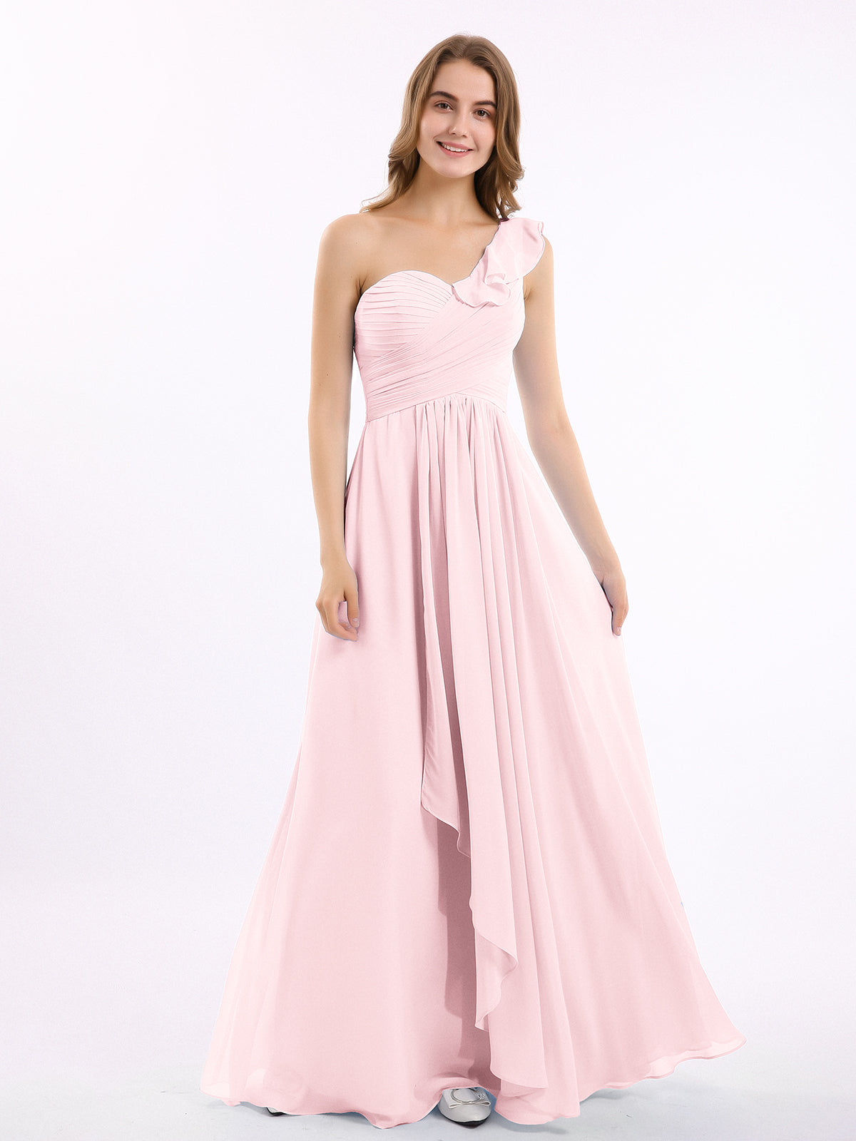 BABARONI Chiffon Blushing Pink Bridesmaid Dresses One Shoulder Floor-length Sleeveless Ruffle A-line, Blushing Pink / US18