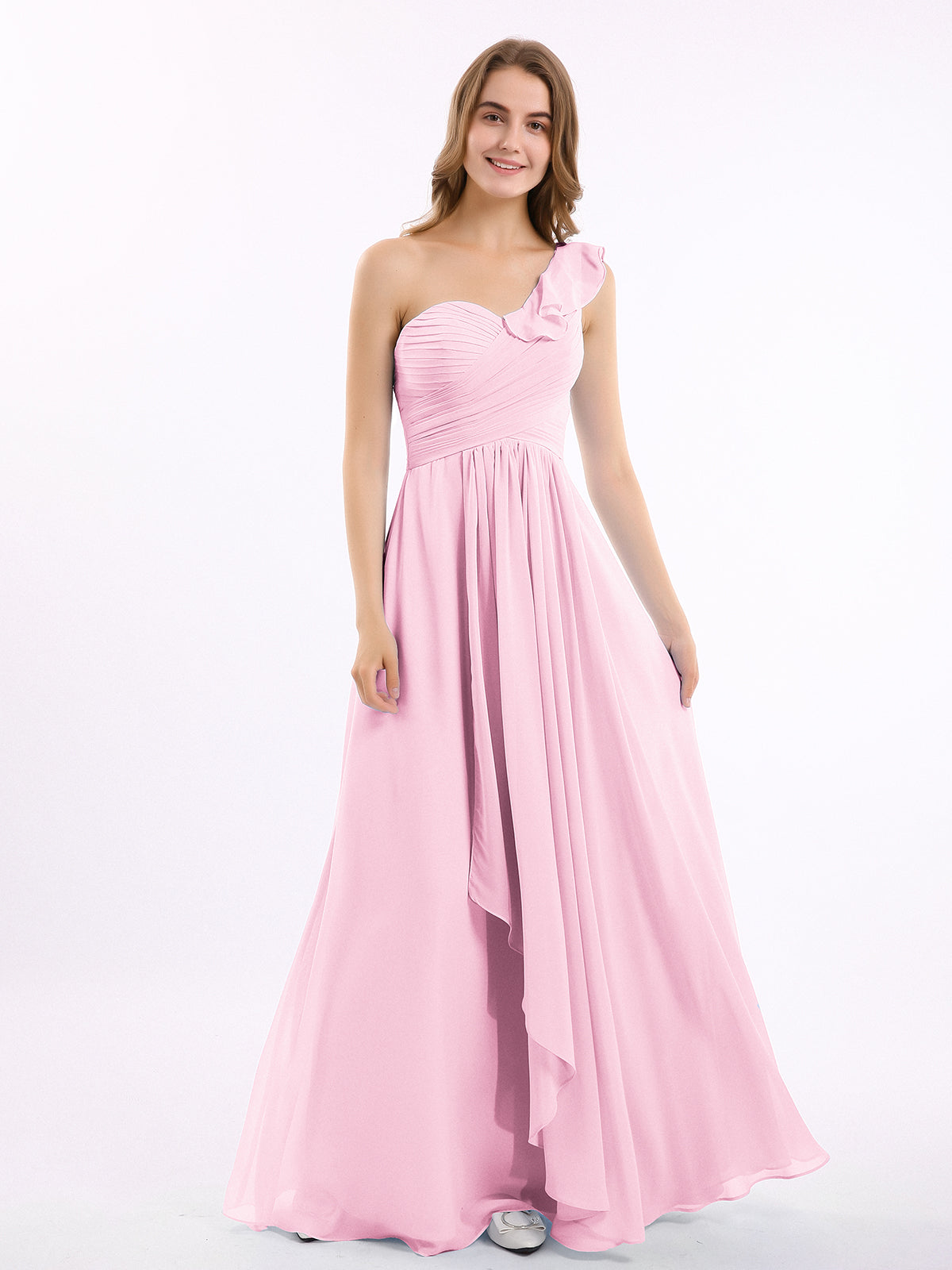 Simple Chiffon Bridesmaid Dress with Square Neck Candy Pink Plus Size