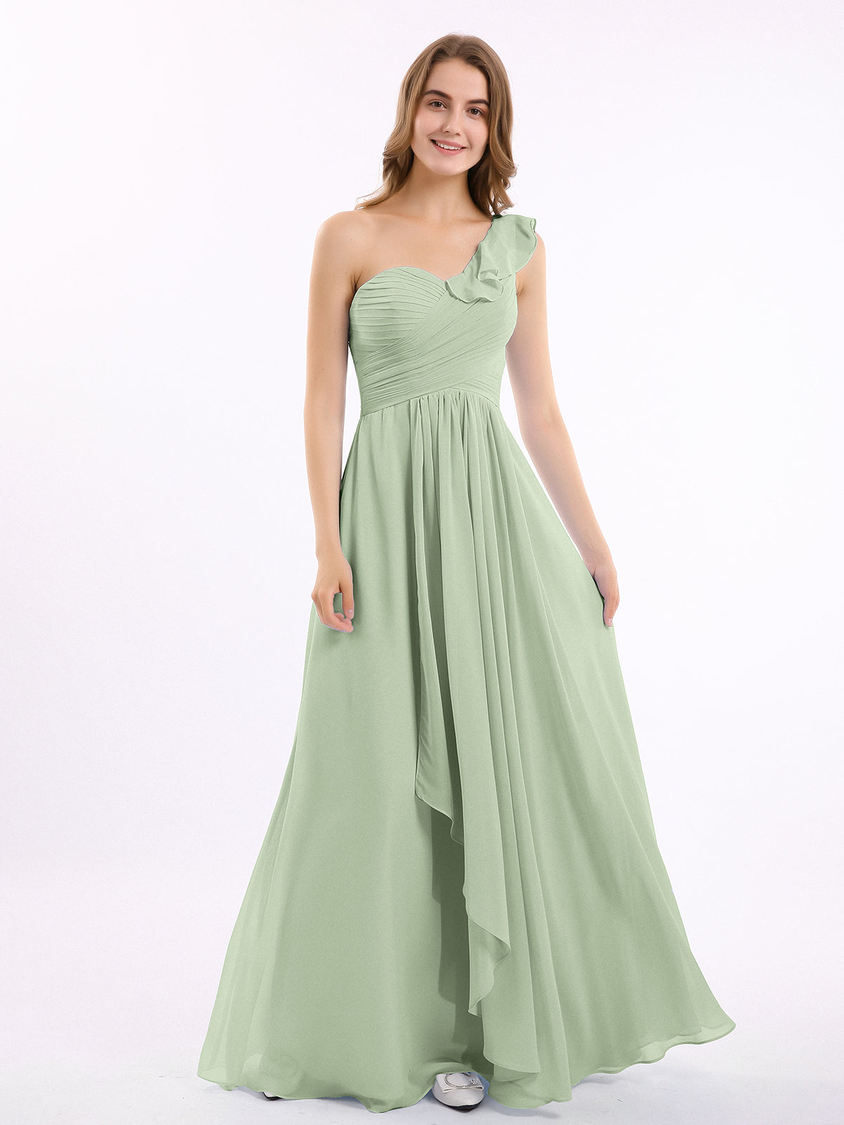 Pleated Bodice One Shoulder Long Chiffon Dresses Dusty Sage Plus Size