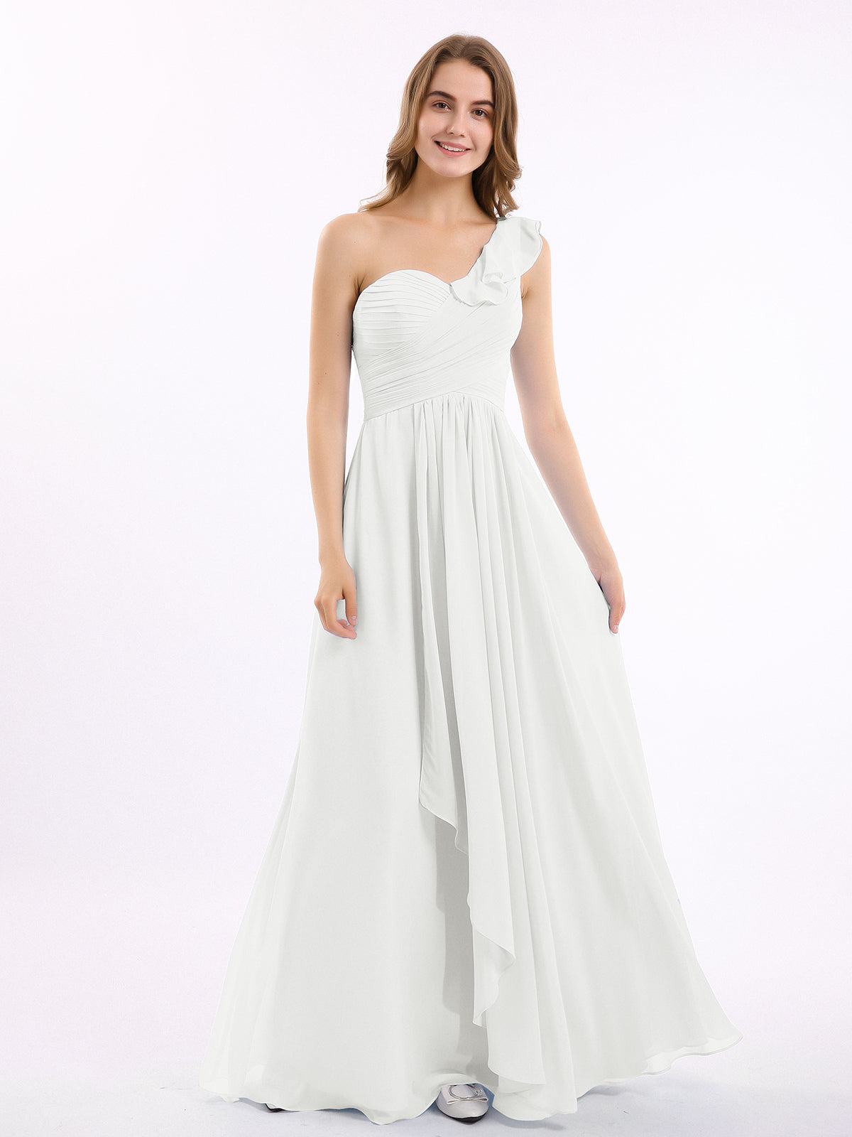 BABARONI One Ruffle Shoulder Long Bridesmaid Dress Ivory, Ivory / US0