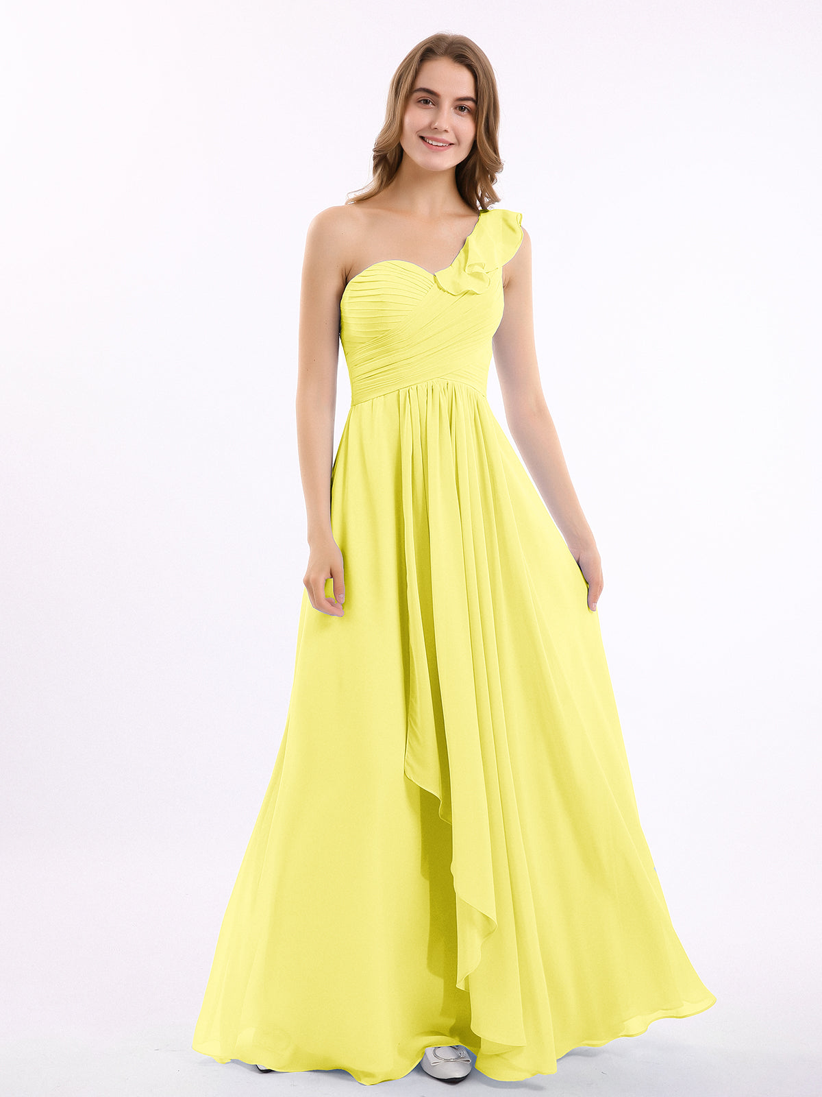 BABARONI Chiffon Lemon Bridesmaid Dresses One Shoulder Floorlength — free download