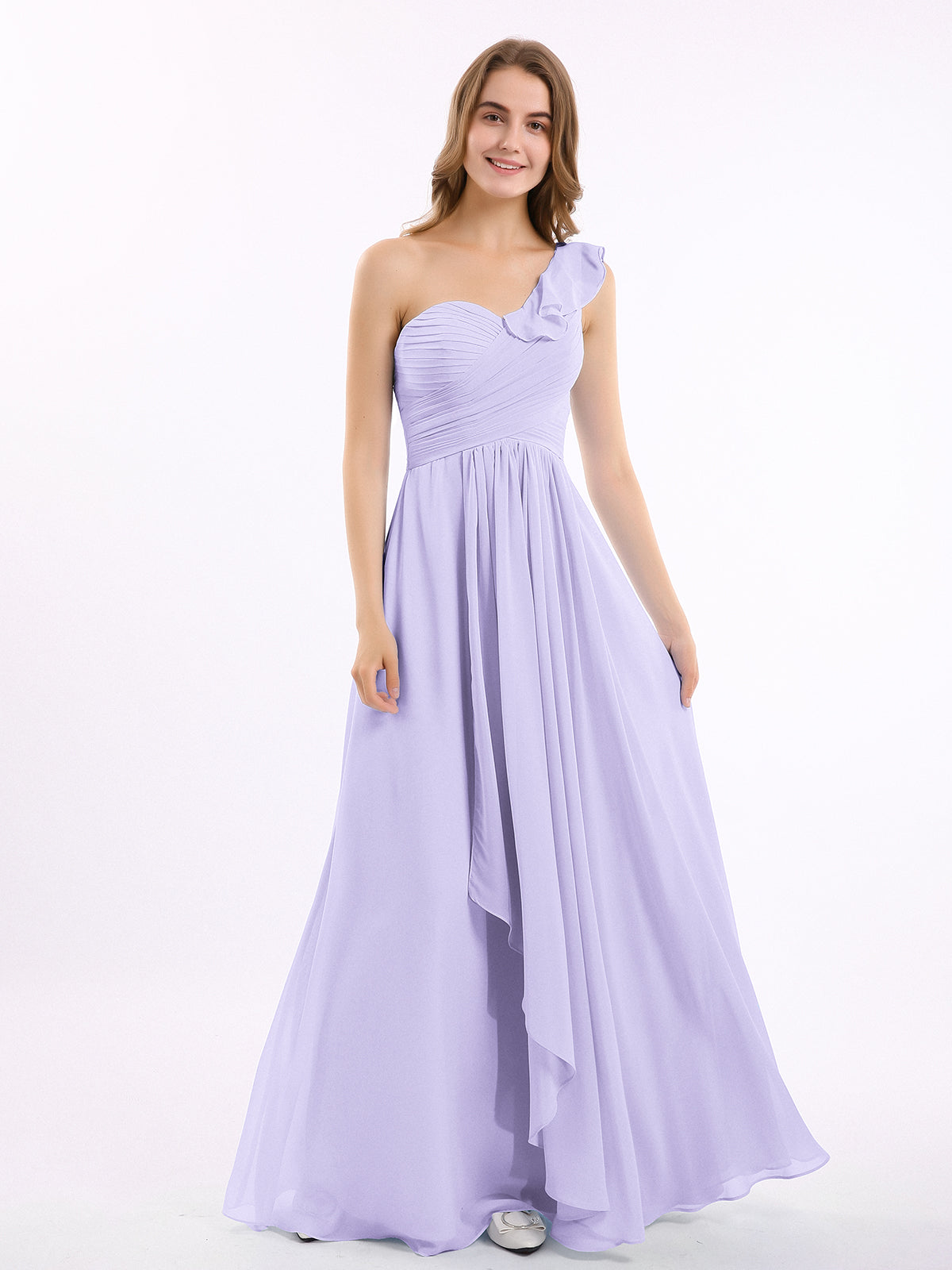 One Shoulder Long Chiffon Bridesmaid Gown Lilac Plus Size