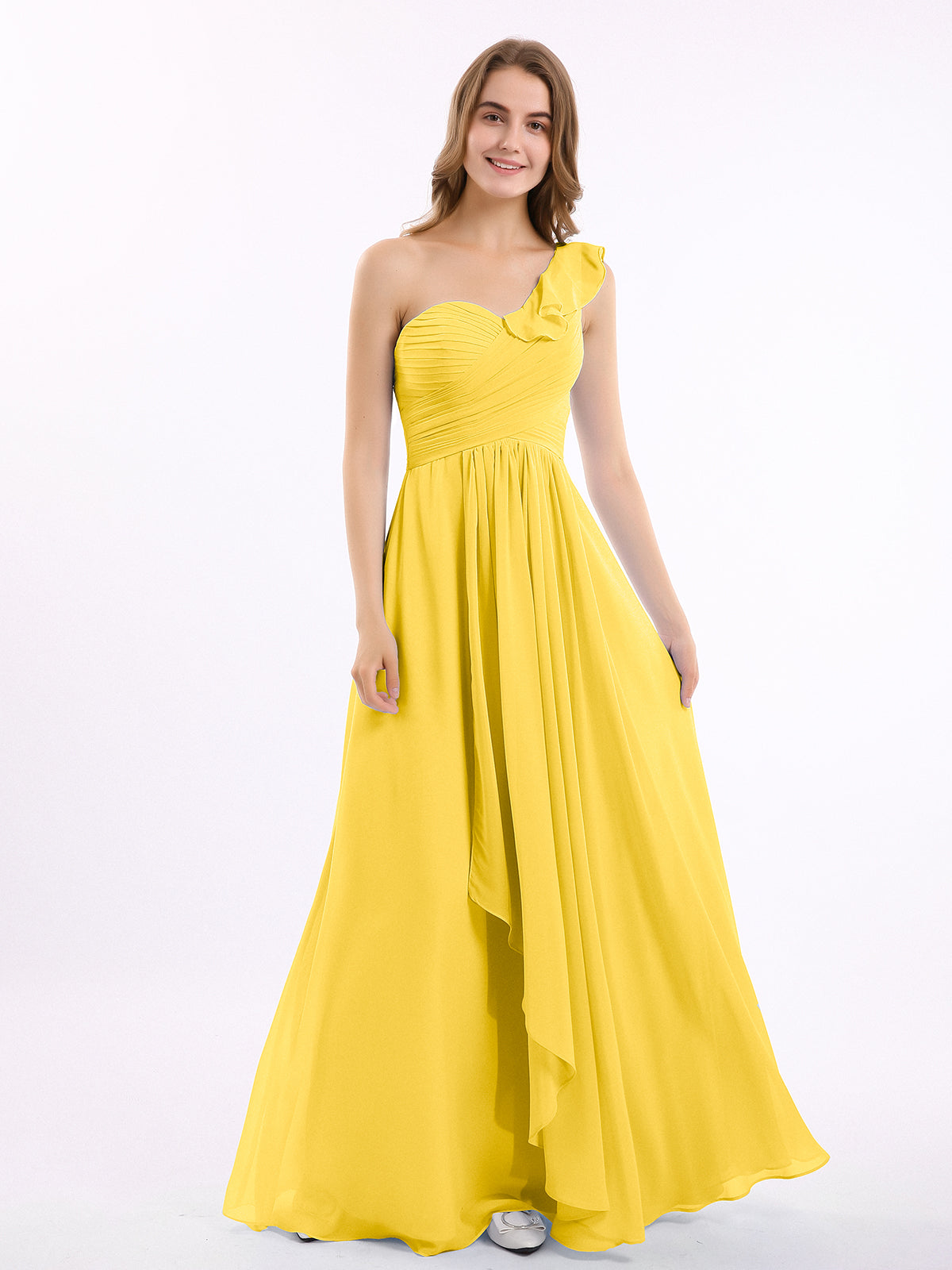 BABARONI BABARONI Chiffon Marigold Bridesmaid Dresses One Shoulder Floor-length Sleeveless Ruffle A-line, Marigold / US18