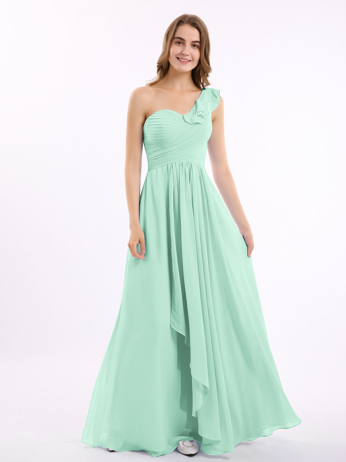 BABARONI One Ruffle Shoulder Long Bridesmaid Dress Mint Green, Mint Green / US0 BABARONI One Ruffle Shoulder Long Bridesmaid Dress Mint Green, Mint Green / US0