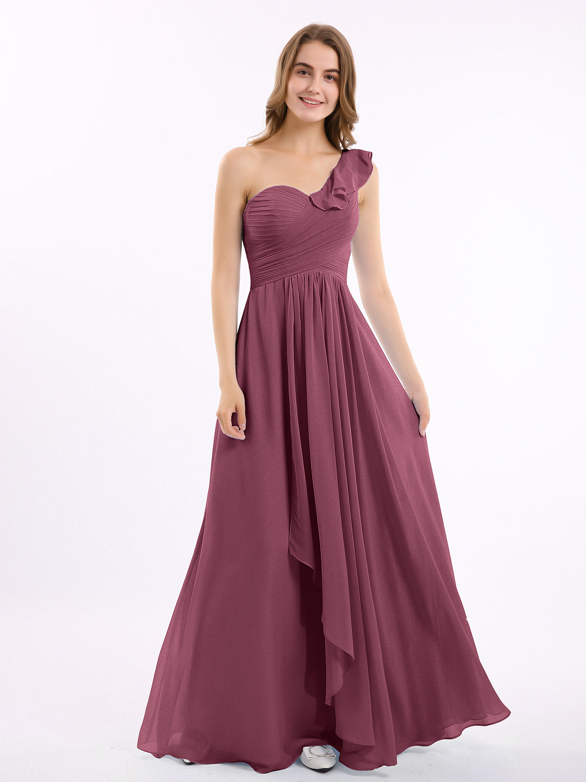 mulberry bridesmaid dresses BABARONI Chiffon One Shoulder Floor-length Sleeveless Ruffle A-line, Mulberry / US0 Dark red hair blue Color:Black/Macrame Stripe RIN Line Back Details
