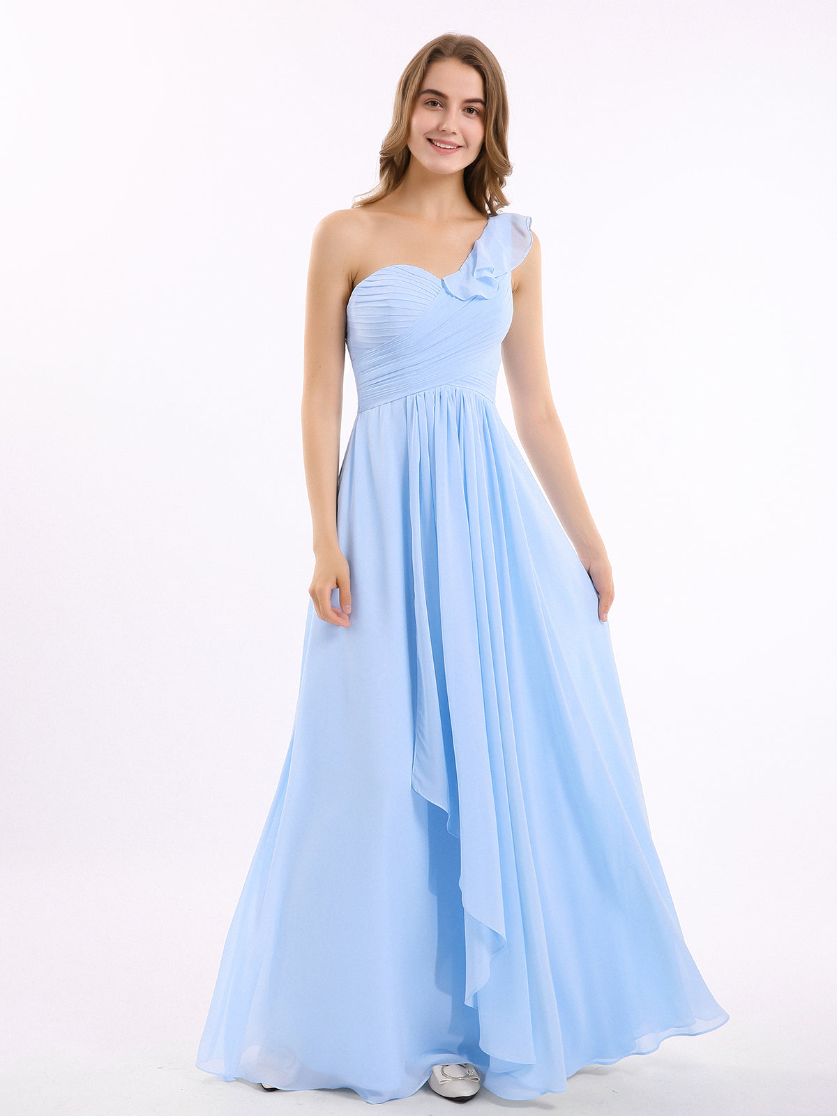 Cute One ruffle Shoulder Junior Bridesmaid Dresses Sky Blue